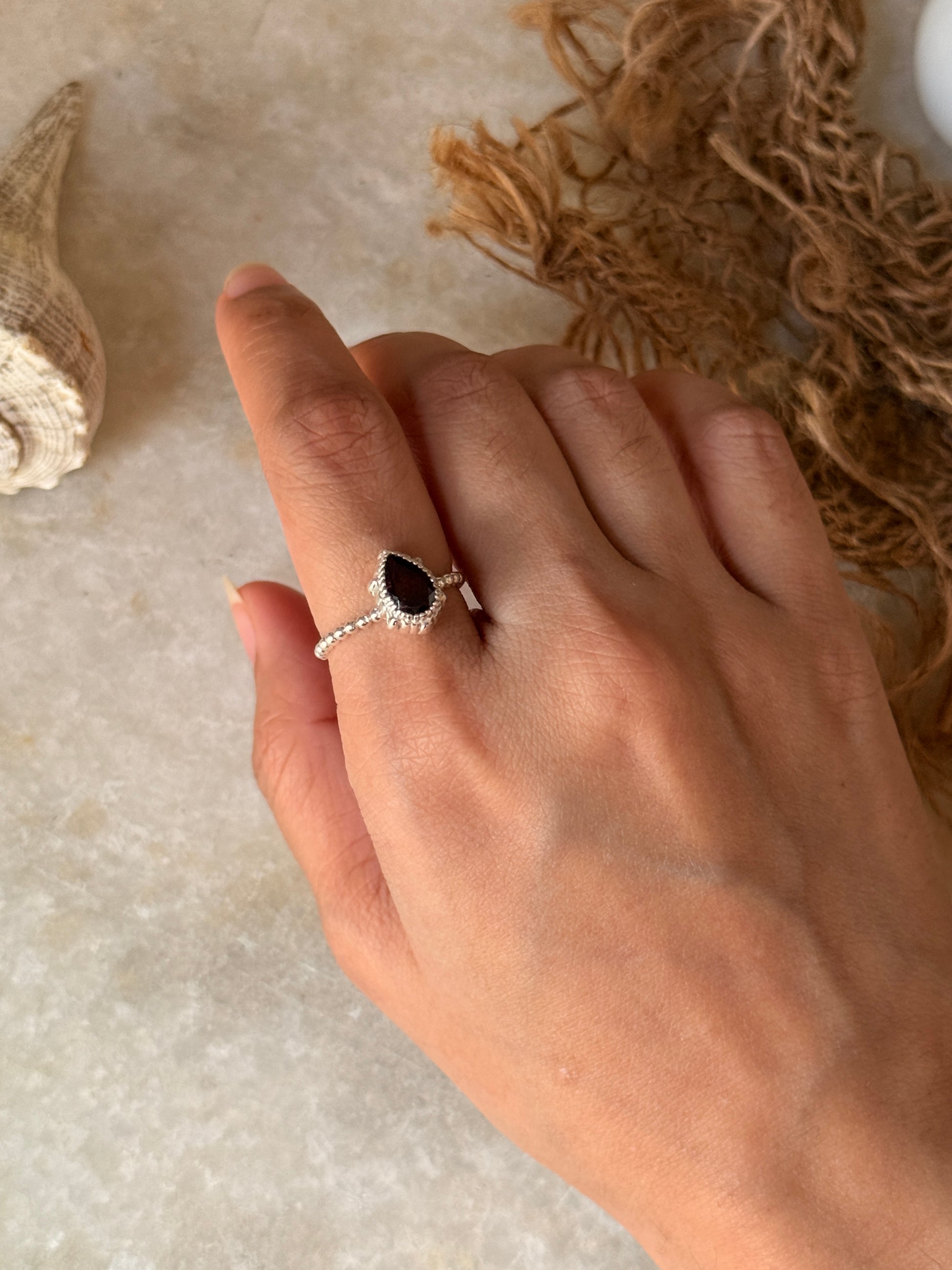 Garnet pear dot band ring in 925 sterling silver