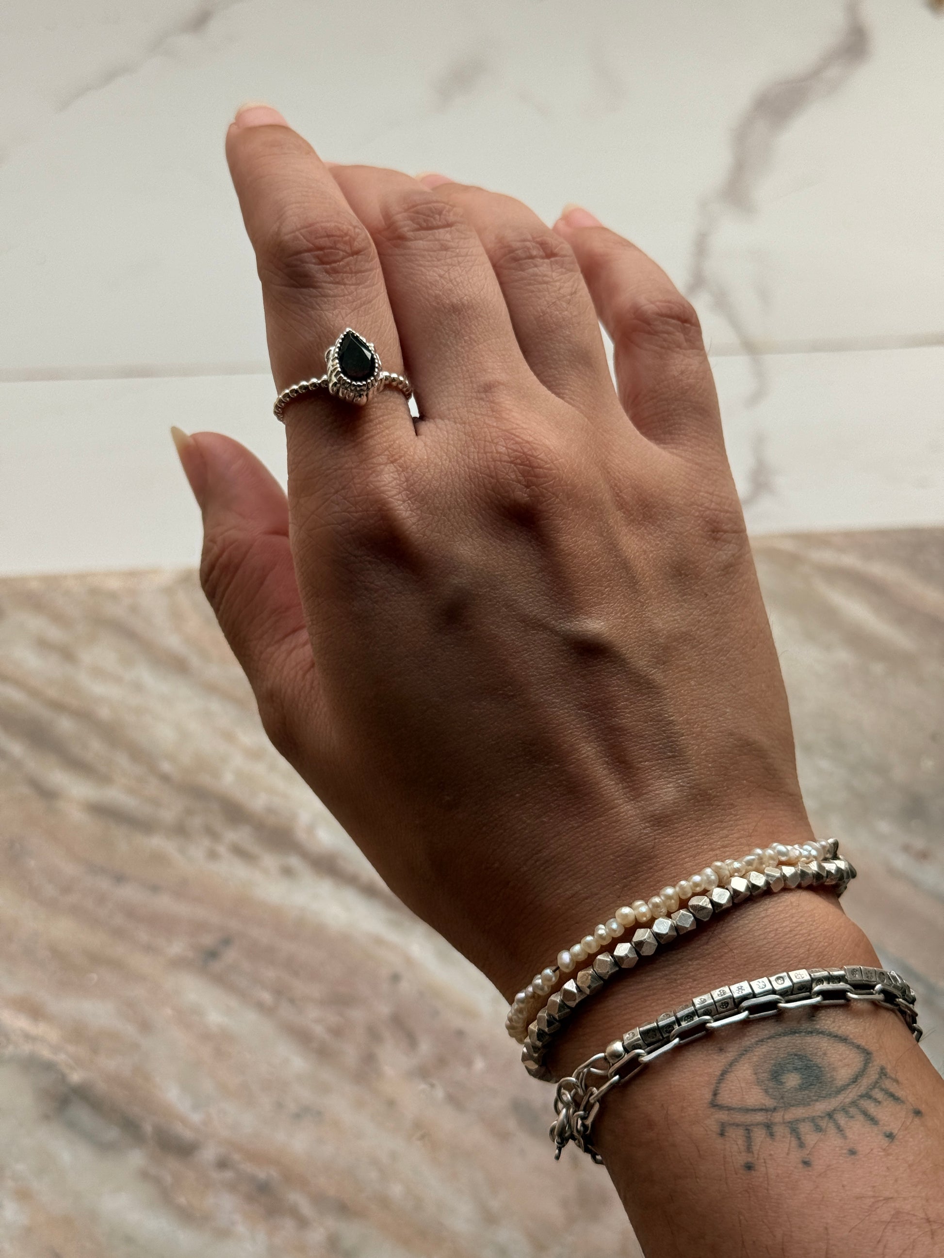 Vintage style 925 sterling silver garnet pear dot ring  