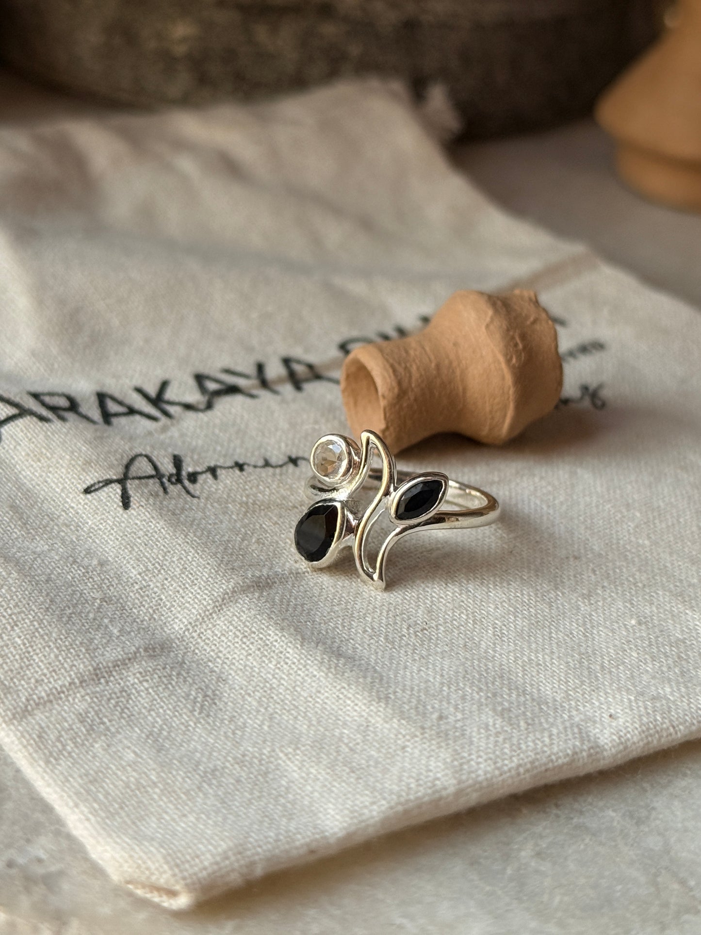 Statement 925 sterling silver black onyx and white topaz ring