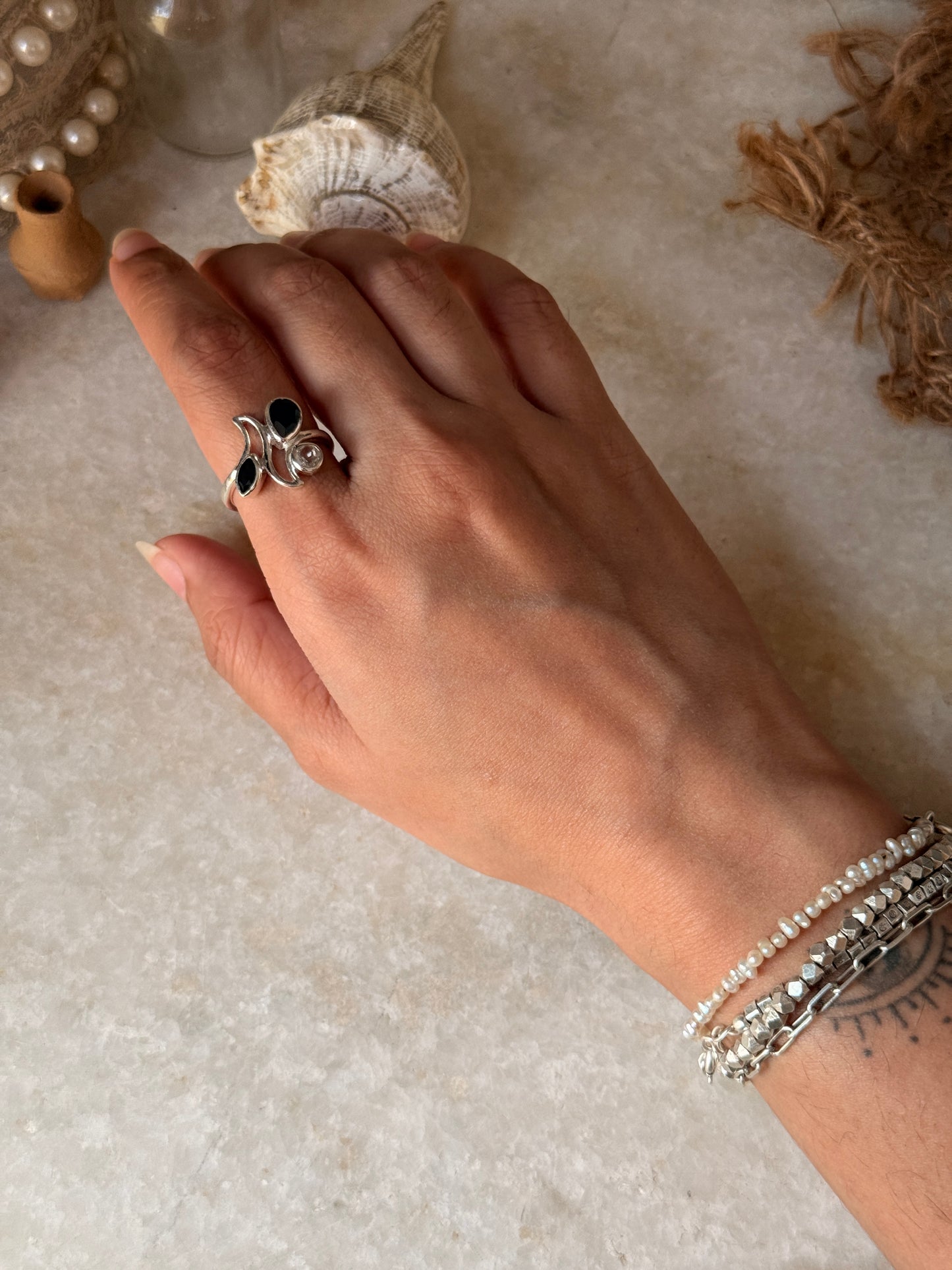 Minimalist black onyx with white topaz 925 sterling silver ring  