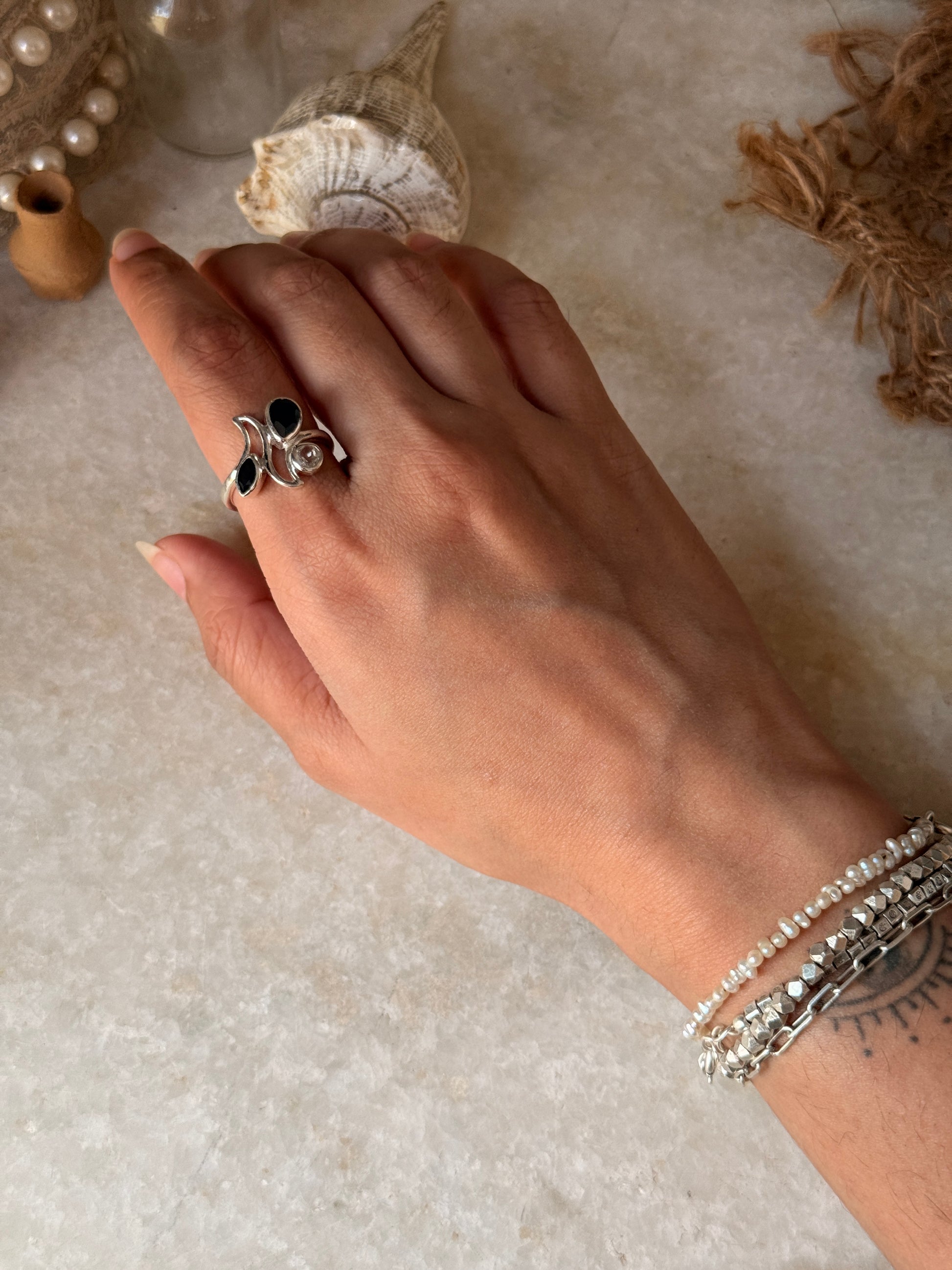 Minimalist black onyx with white topaz 925 sterling silver ring  