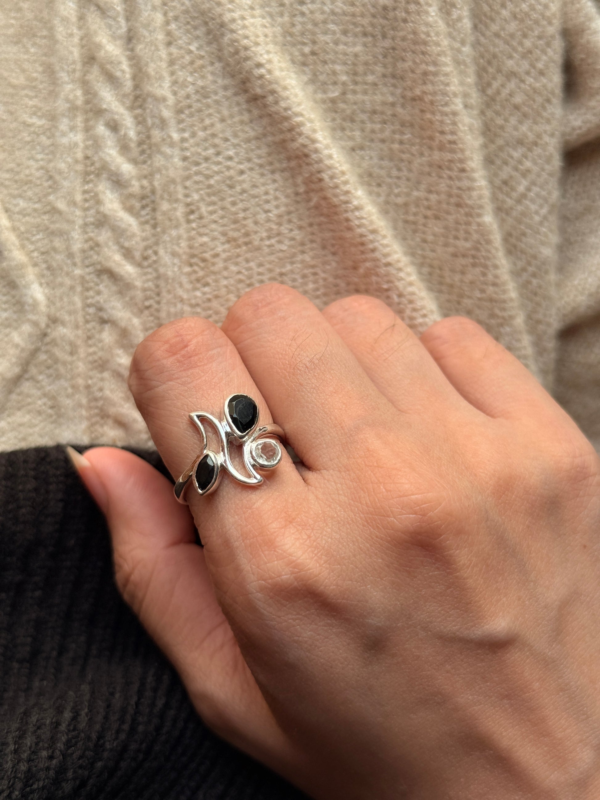 Black onyx with white topaz 925 sterling silver ring