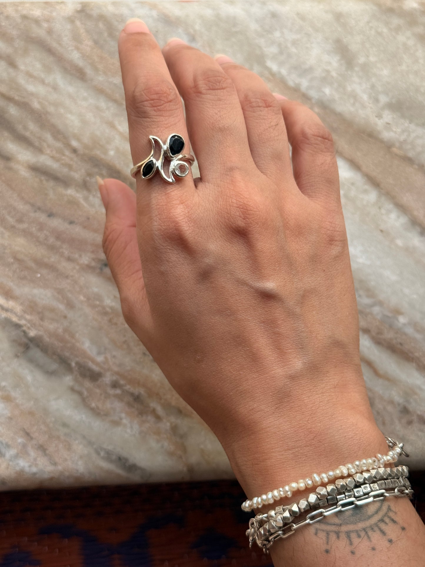 Natural black onyx and white topaz gemstone ring in 925 sterling silver