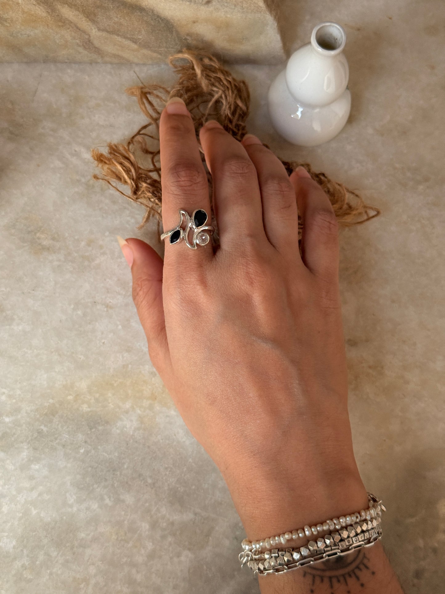 Artisan crafted black onyx and white topaz 925 sterling silver ring  