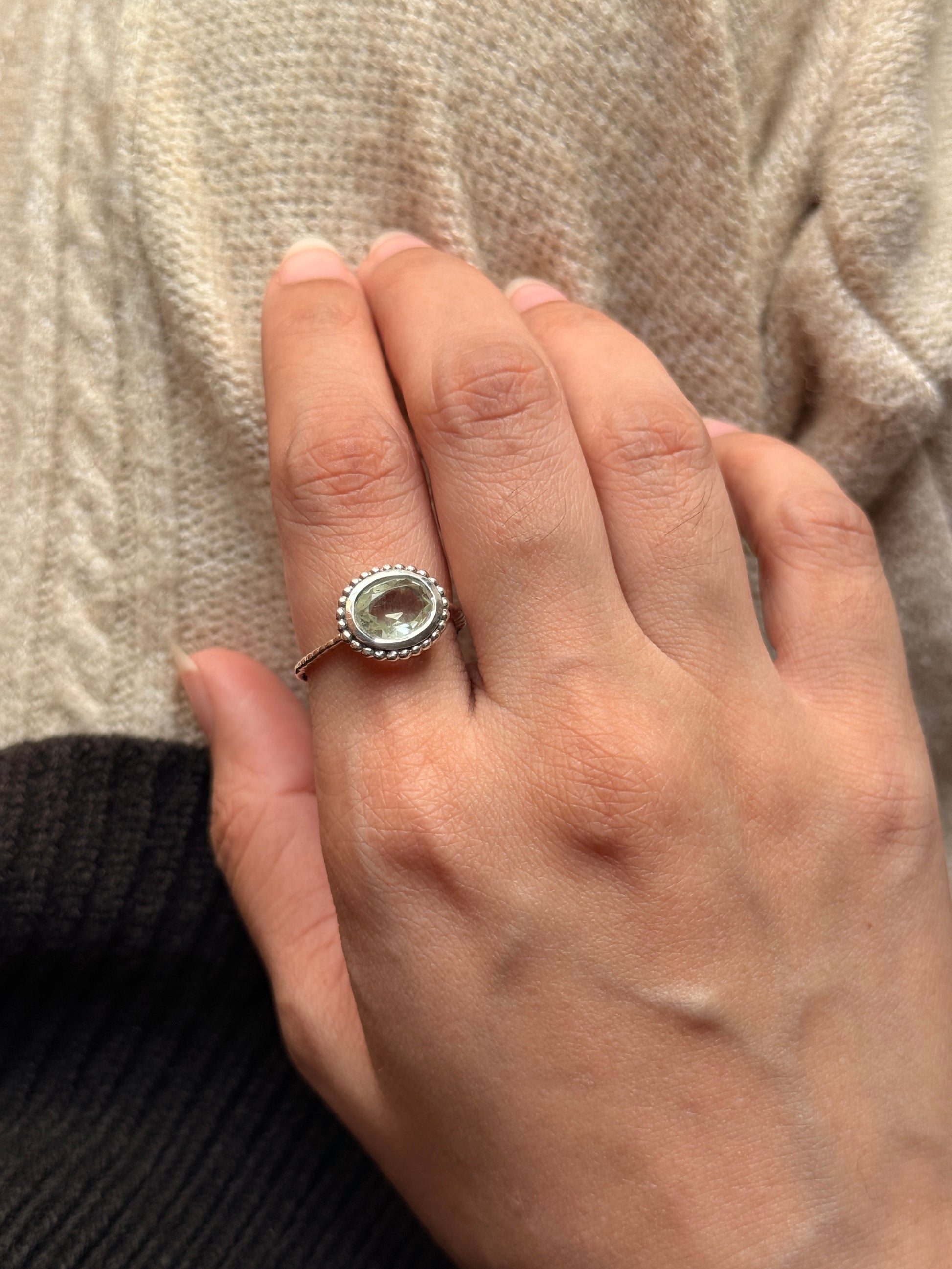 Green amethyst oval gemstone ring in 925 sterling silver