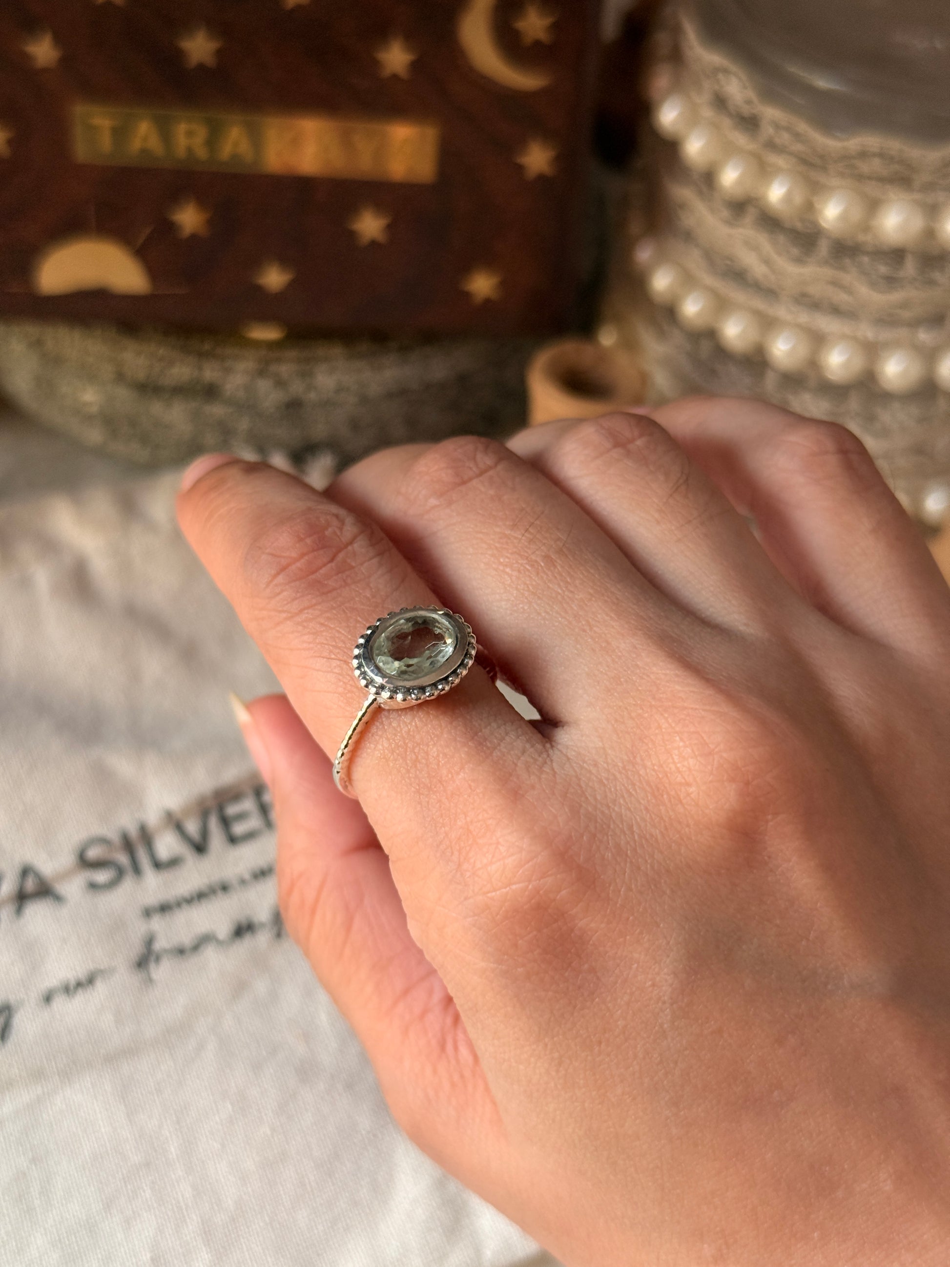 Minimalist green amethyst oval 925 sterling silver ring  