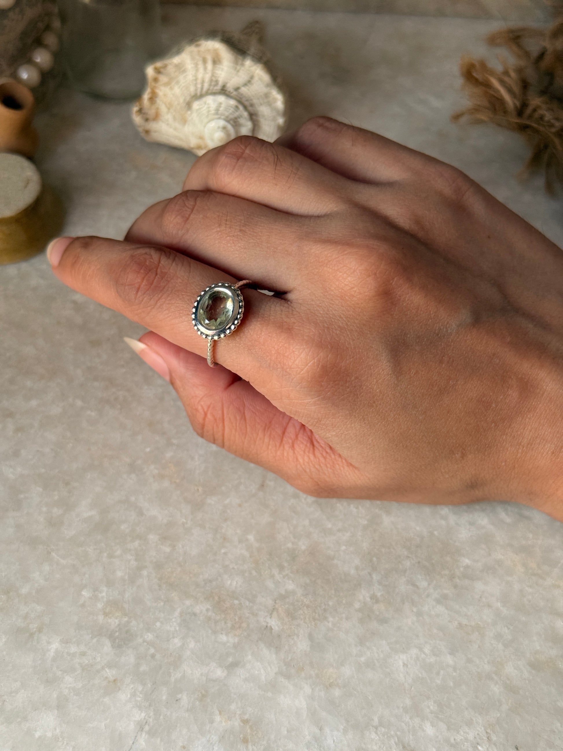 Green amethyst oval gemstone ring in 925 sterling silver