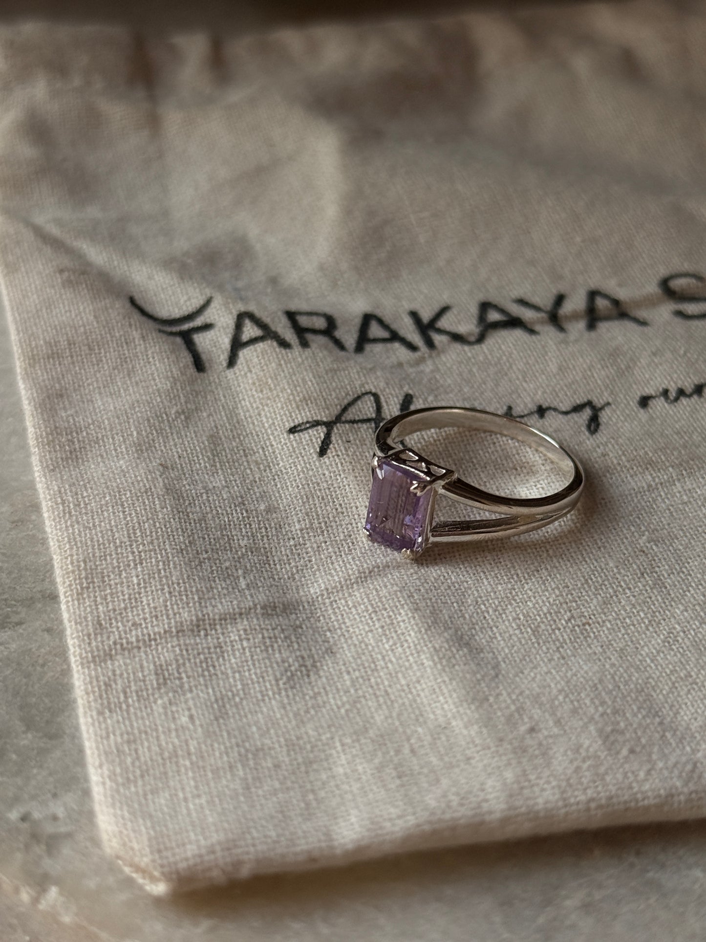 Amethyst rectangular cut ring in 925 sterling silver