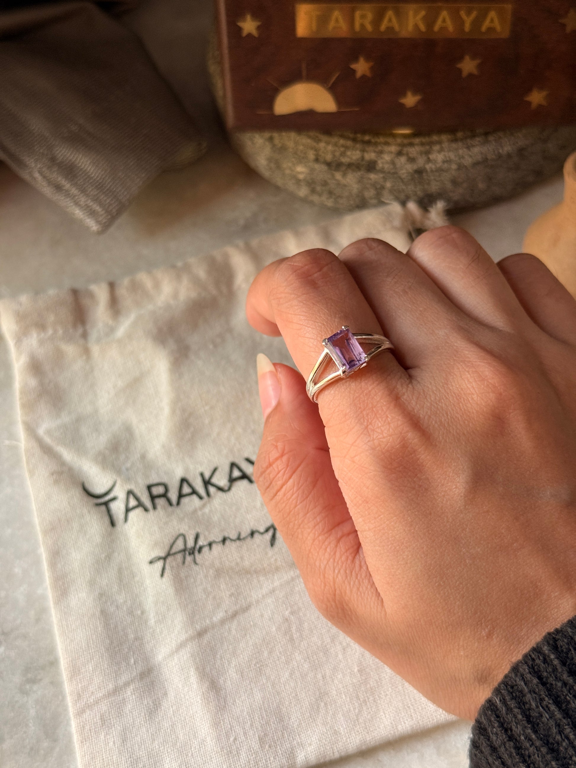 Amethyst rectangular cut ring in 925 sterling silver