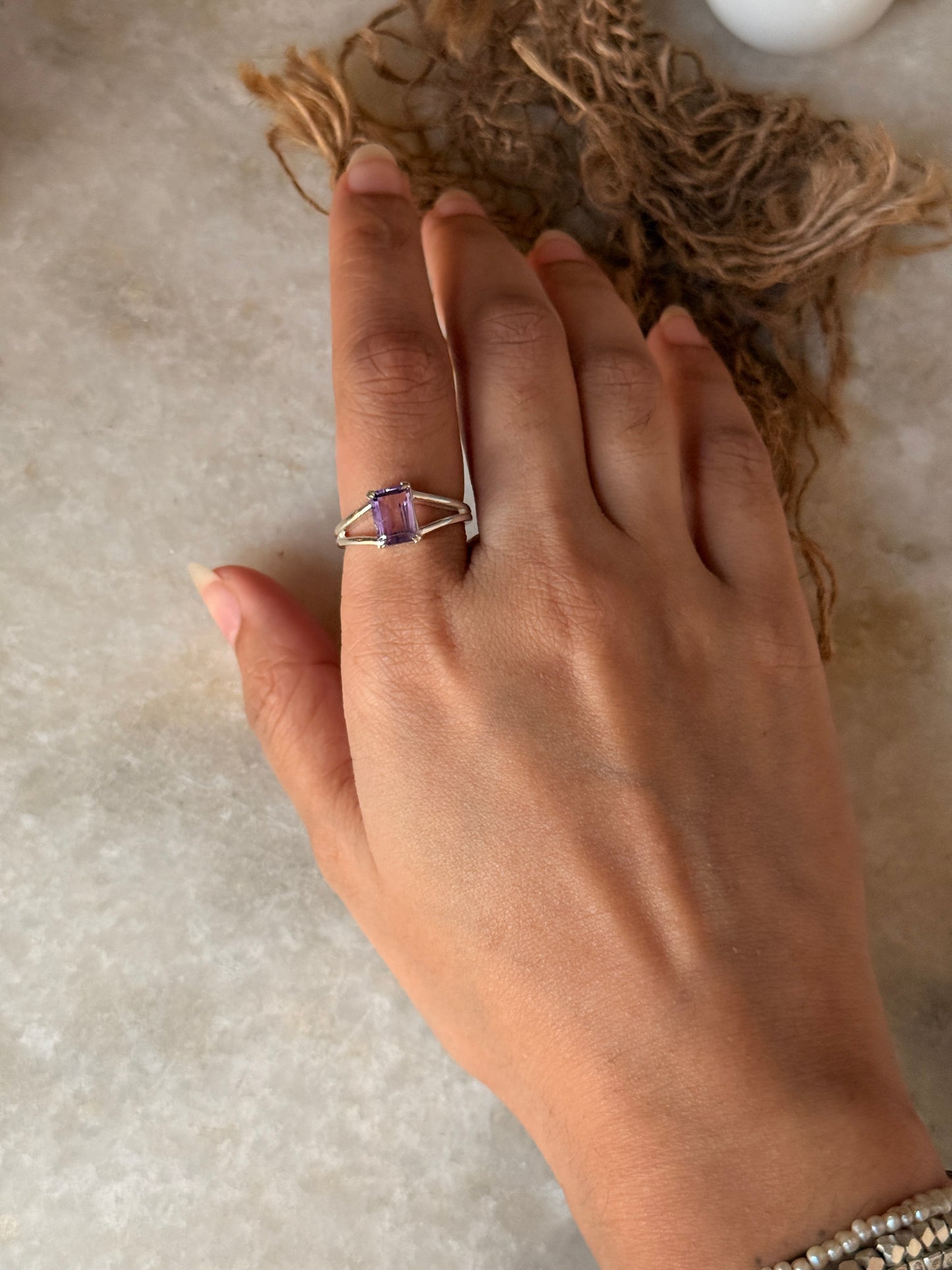 Vintage style 925 sterling silver amethyst rectangle ring  