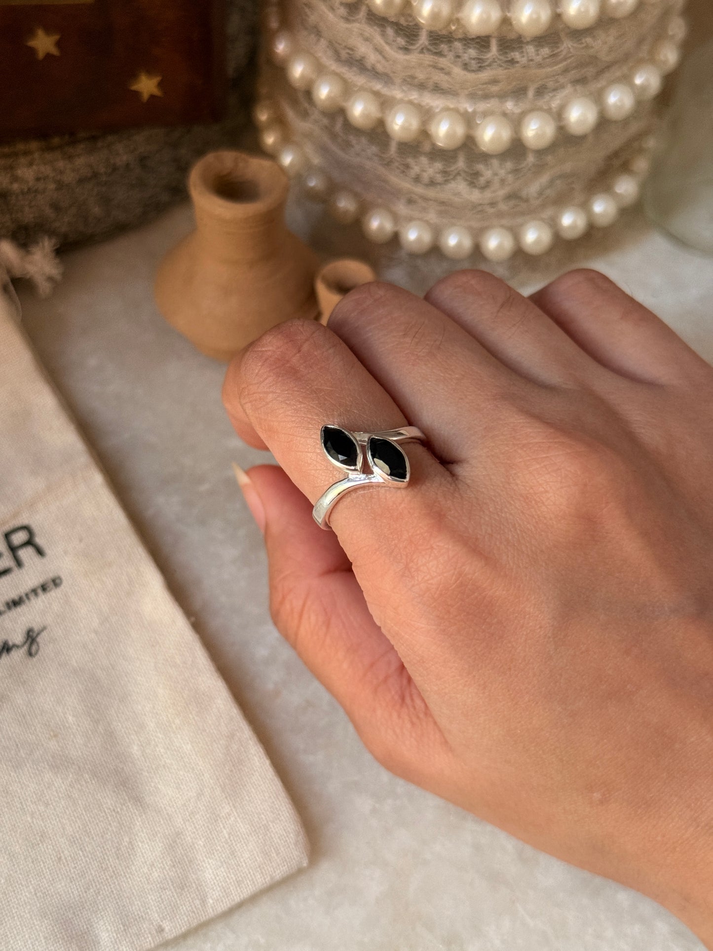 artisan 925 sterling silver black onyx double marquise ring  