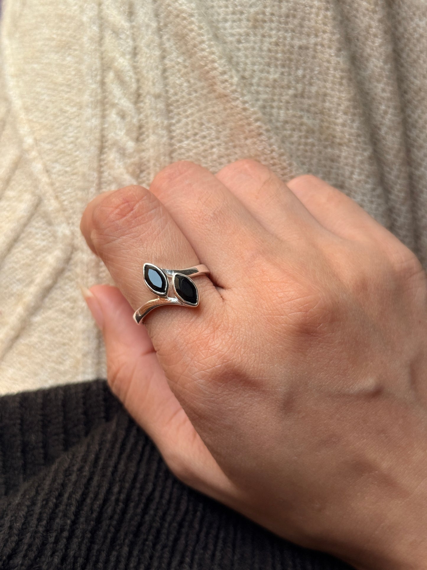 handcrafted 925 sterling silver black onyx double marquise gemstone ring