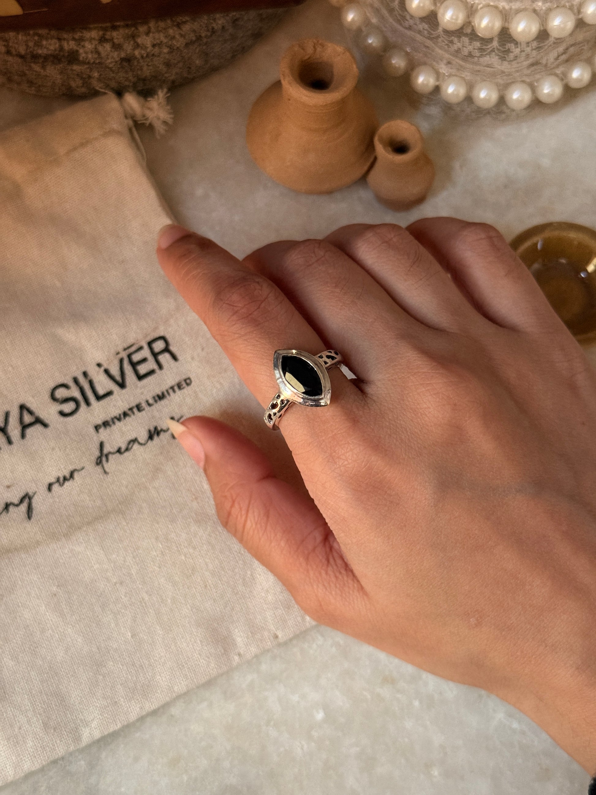 vintage-inspired black onyx marquise 925 sterling silver ring  