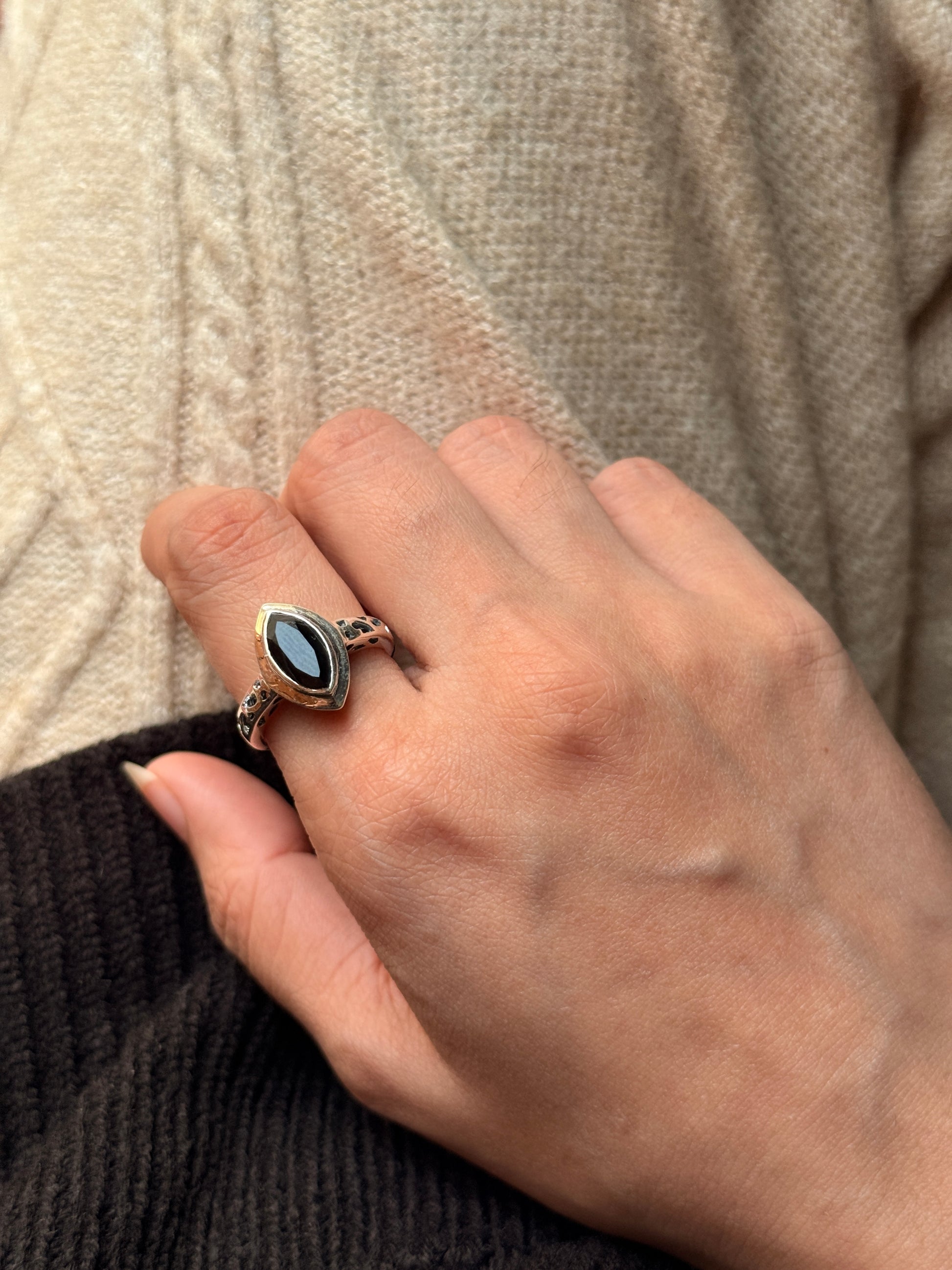 artisan 925 sterling silver black onyx vintage marquise ring  