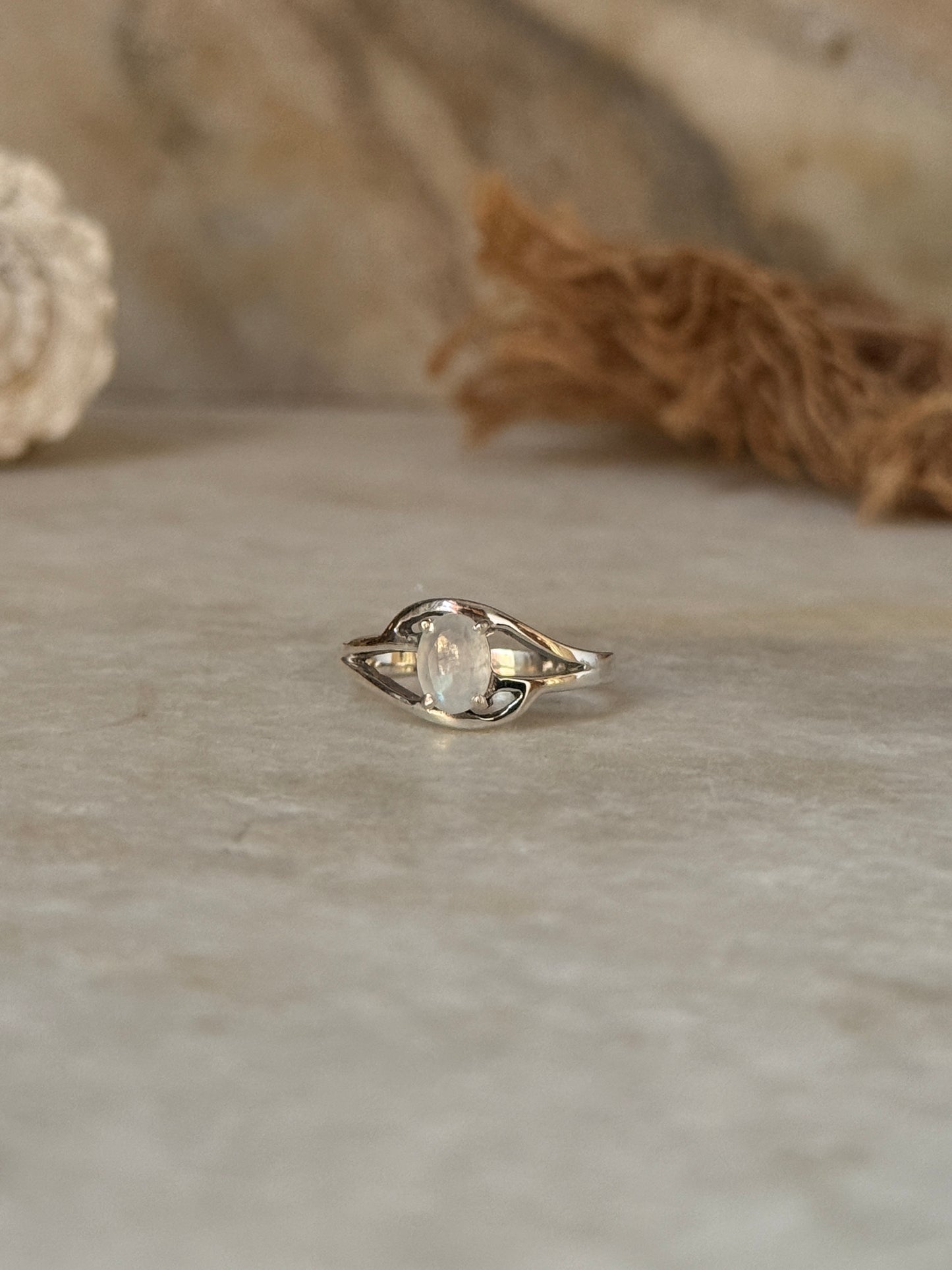 Minimalist moonstone oval solitaire 925 sterling silver ring  