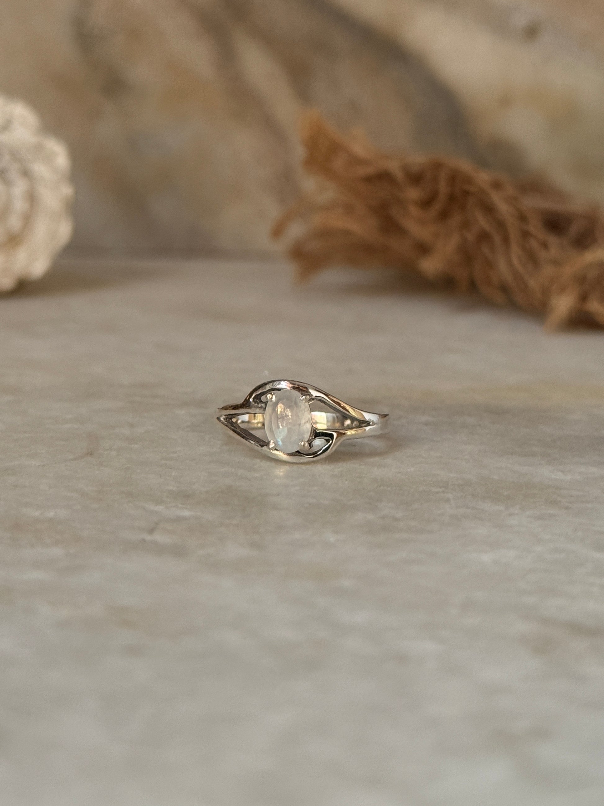 Minimalist moonstone oval solitaire 925 sterling silver ring  