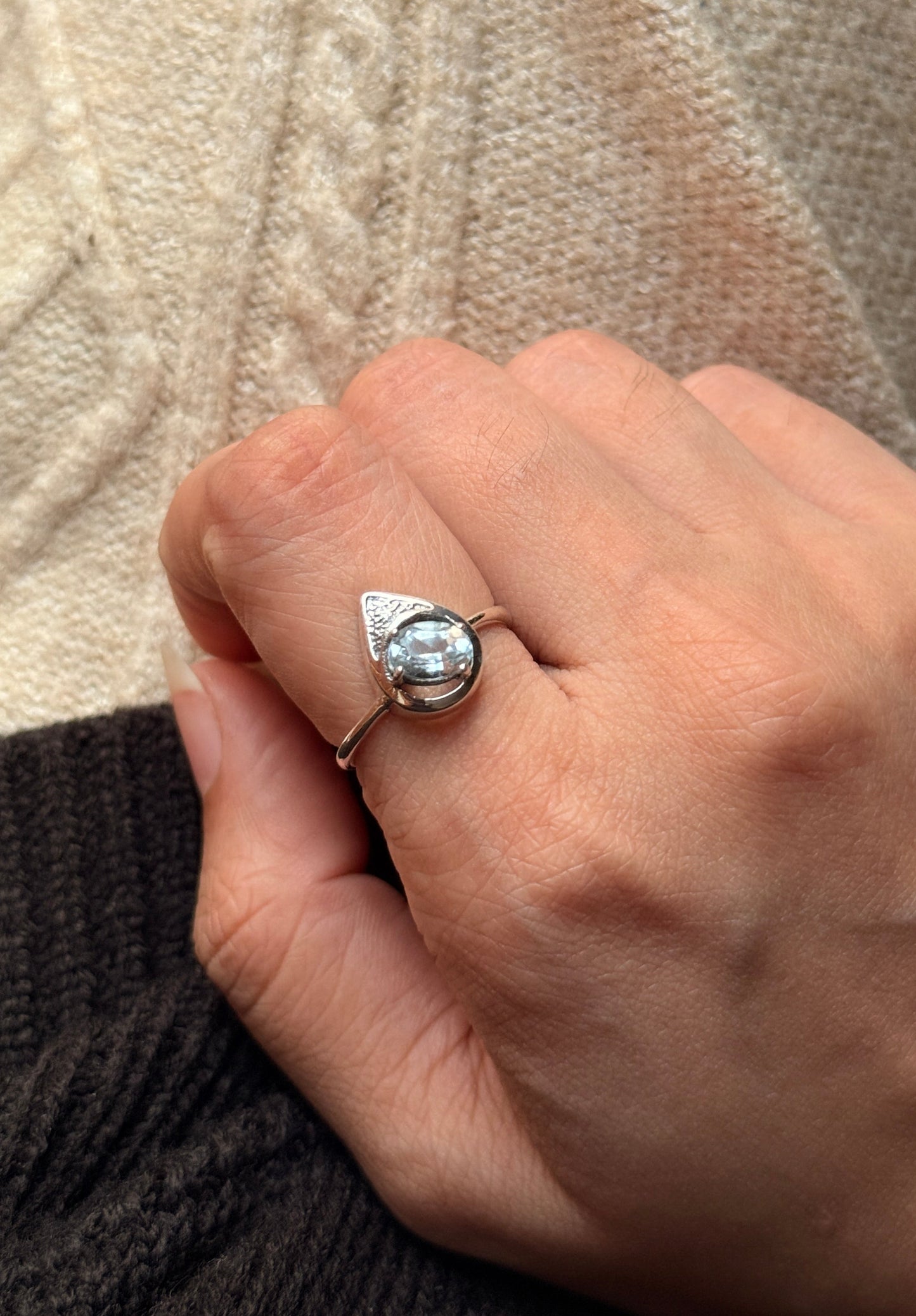 Artisan crafted blue topaz pear solitaire 925 sterling silver ring