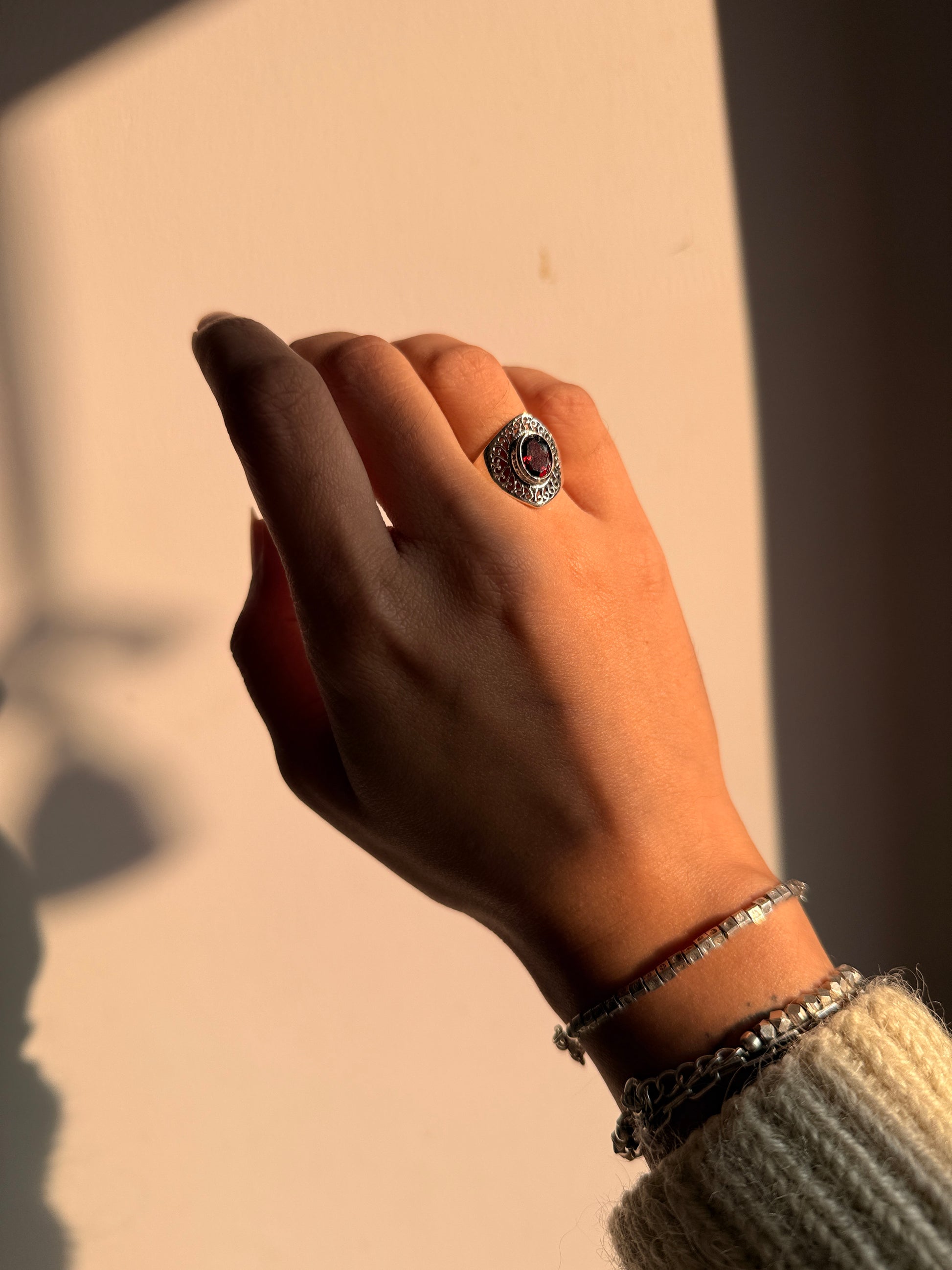 artisan 925 sterling silver garnet oval bohemian ring  