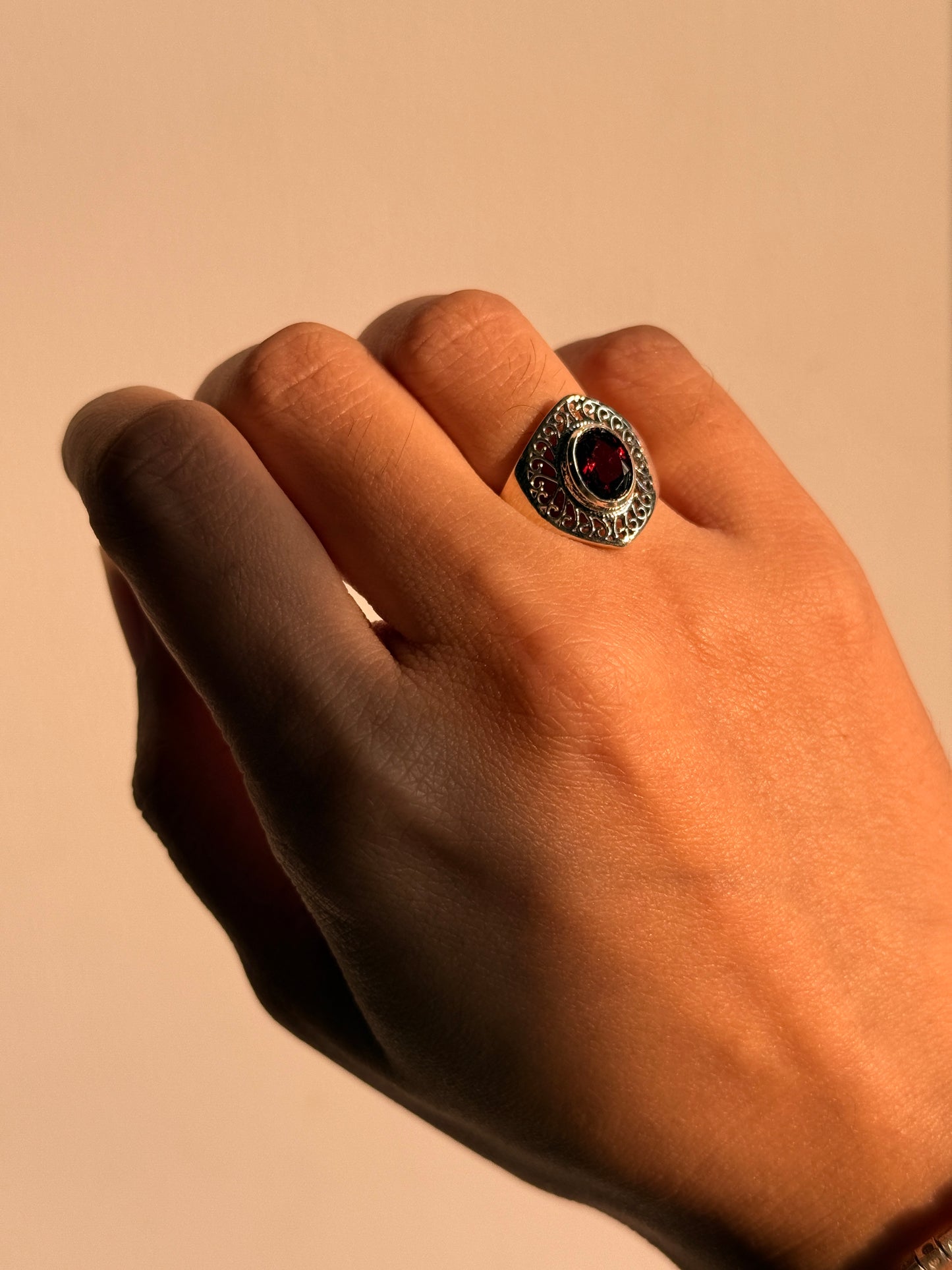 boho chic 925 sterling silver garnet oval gemstone ring  