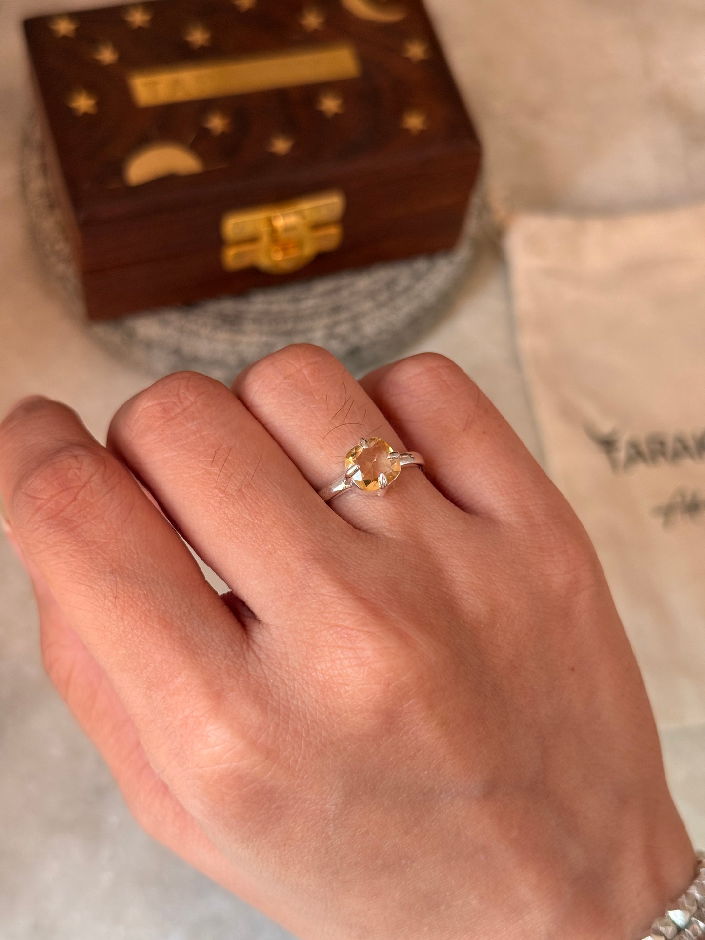 Artisan crafted citrine square solitaire 925 sterling silver ring