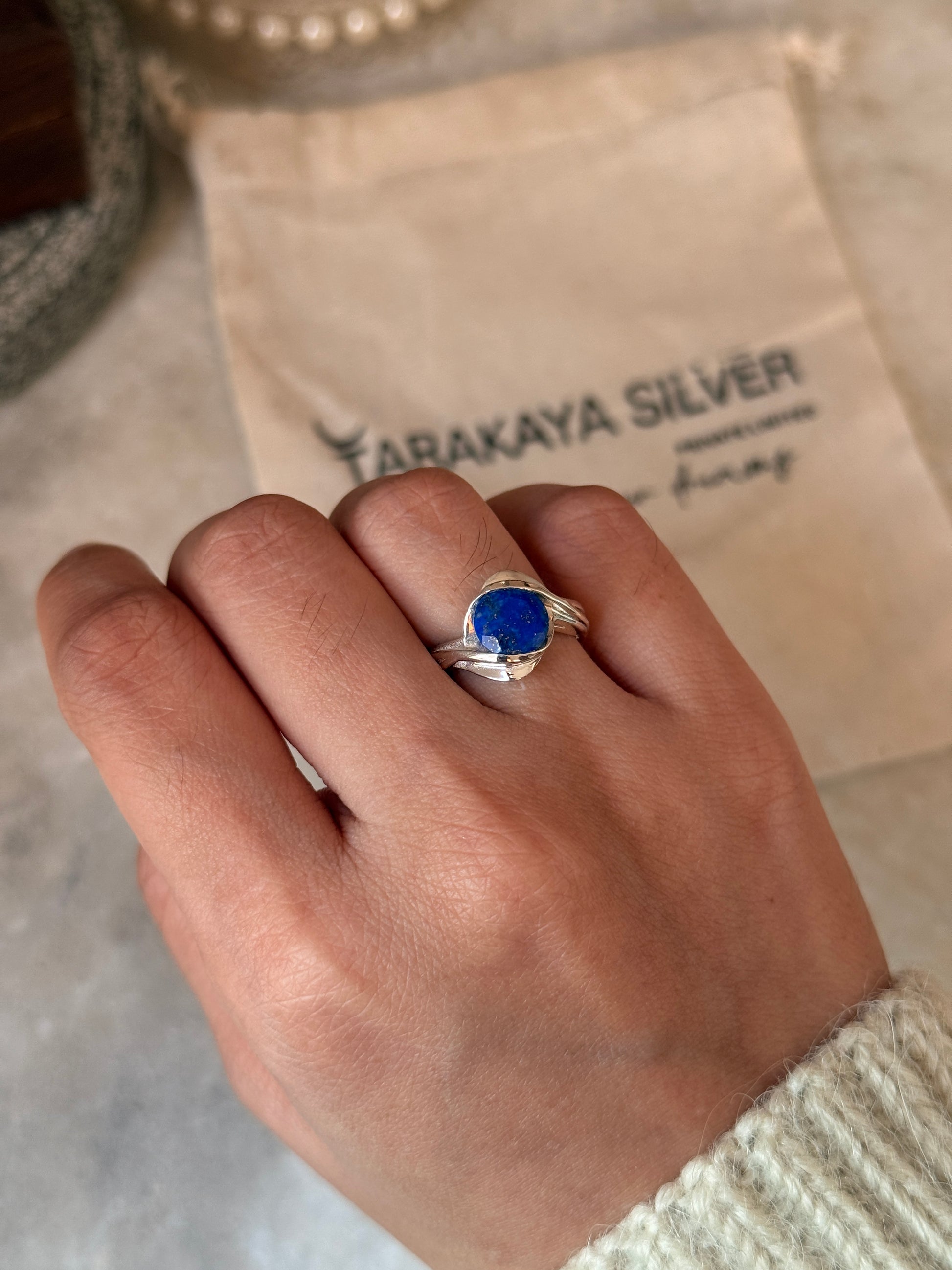 Artisan crafted lapis lazuli round wrap 925 sterling silver ring
