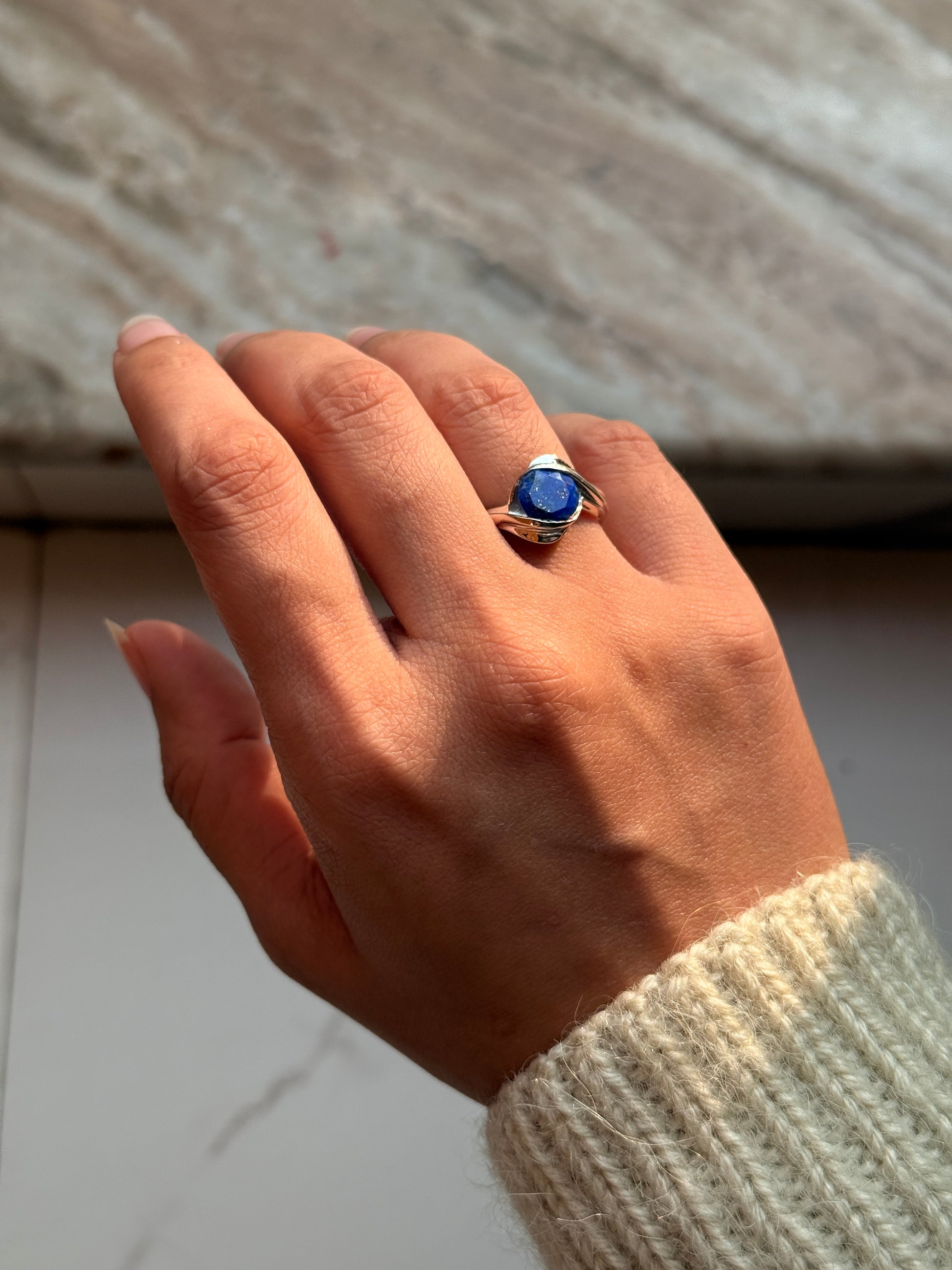 Lapis lazuli round wrap ring in 925 sterling silver