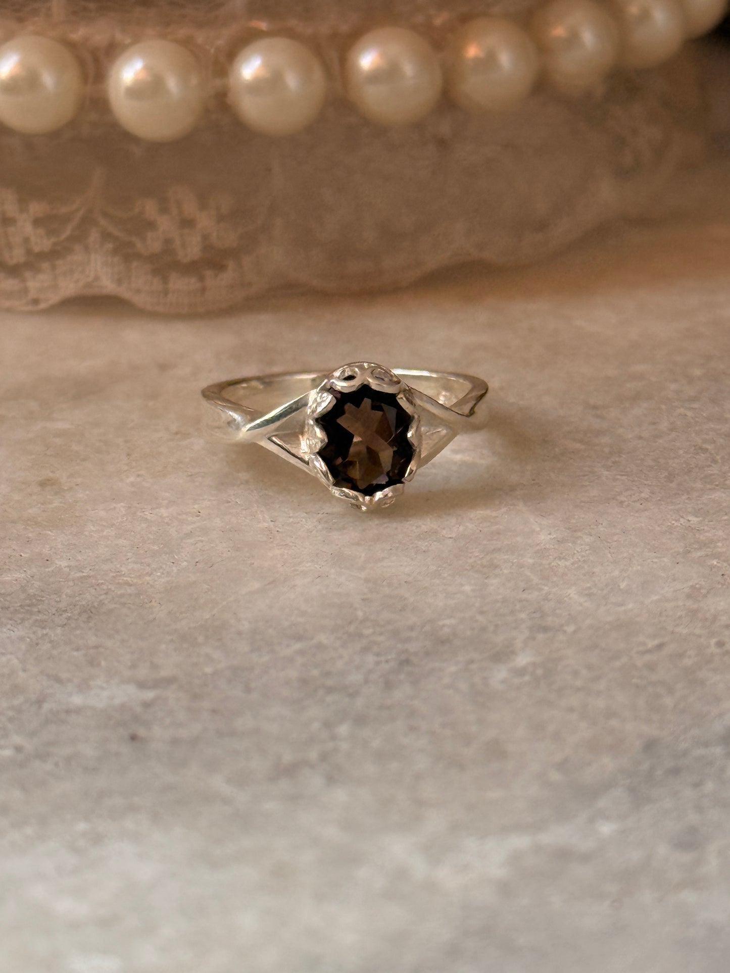 minimalist 925 sterling silver smokey quartz oval band ring  