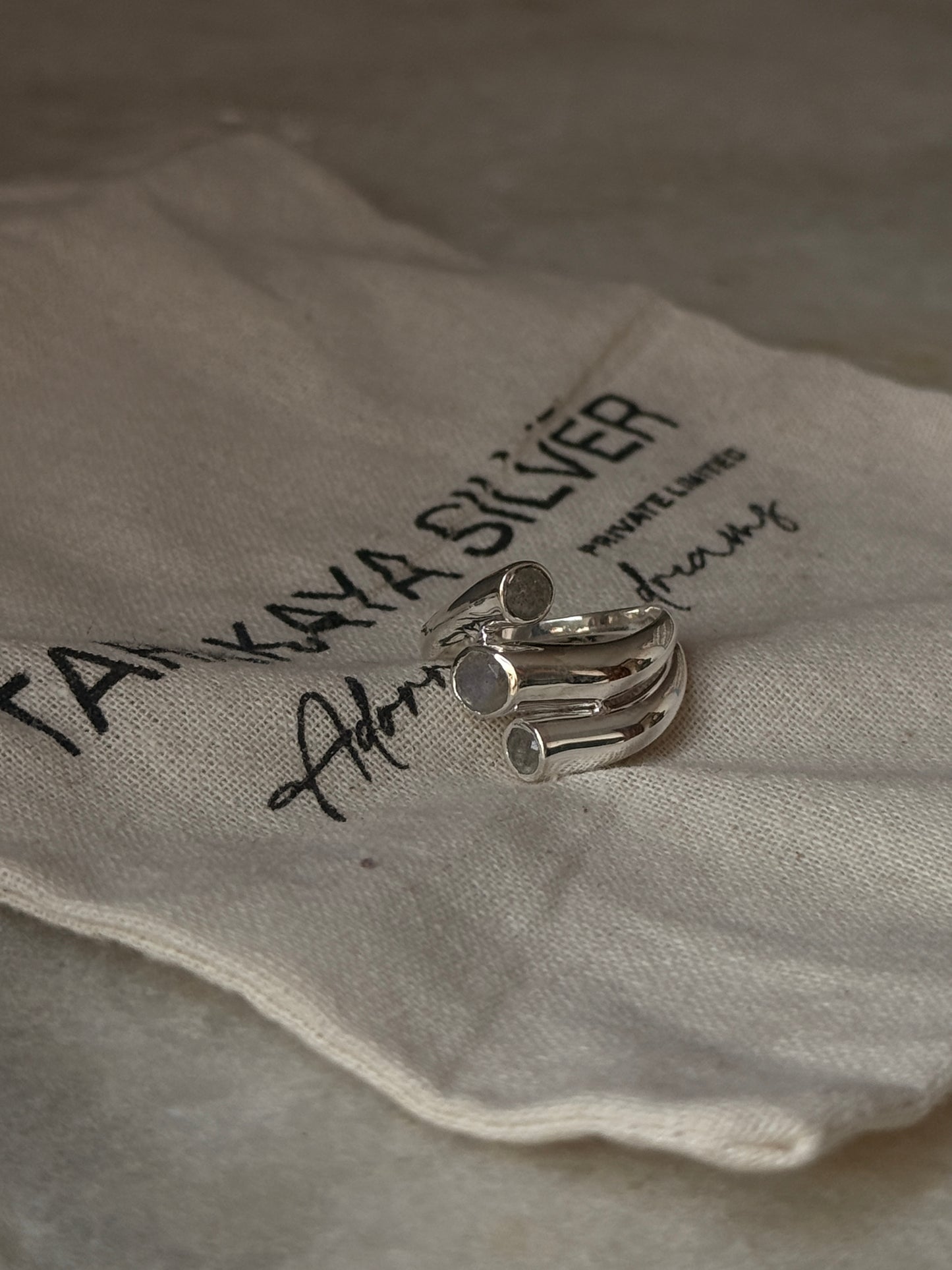 Boho style labradorite 3 stone statement ring in 925 sterling silver 