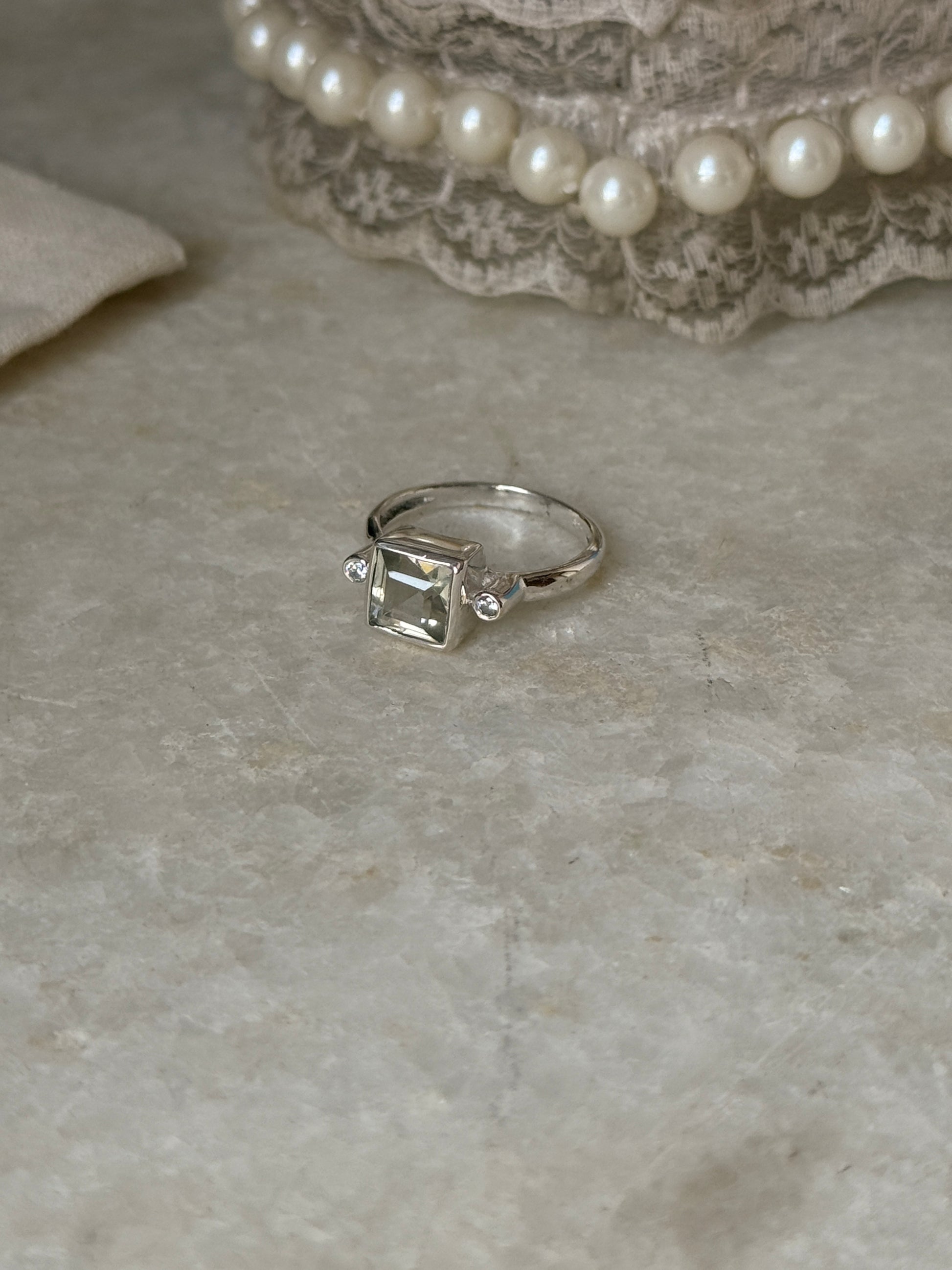 unique 925 sterling silver green amethyst square cubic zirconia ring