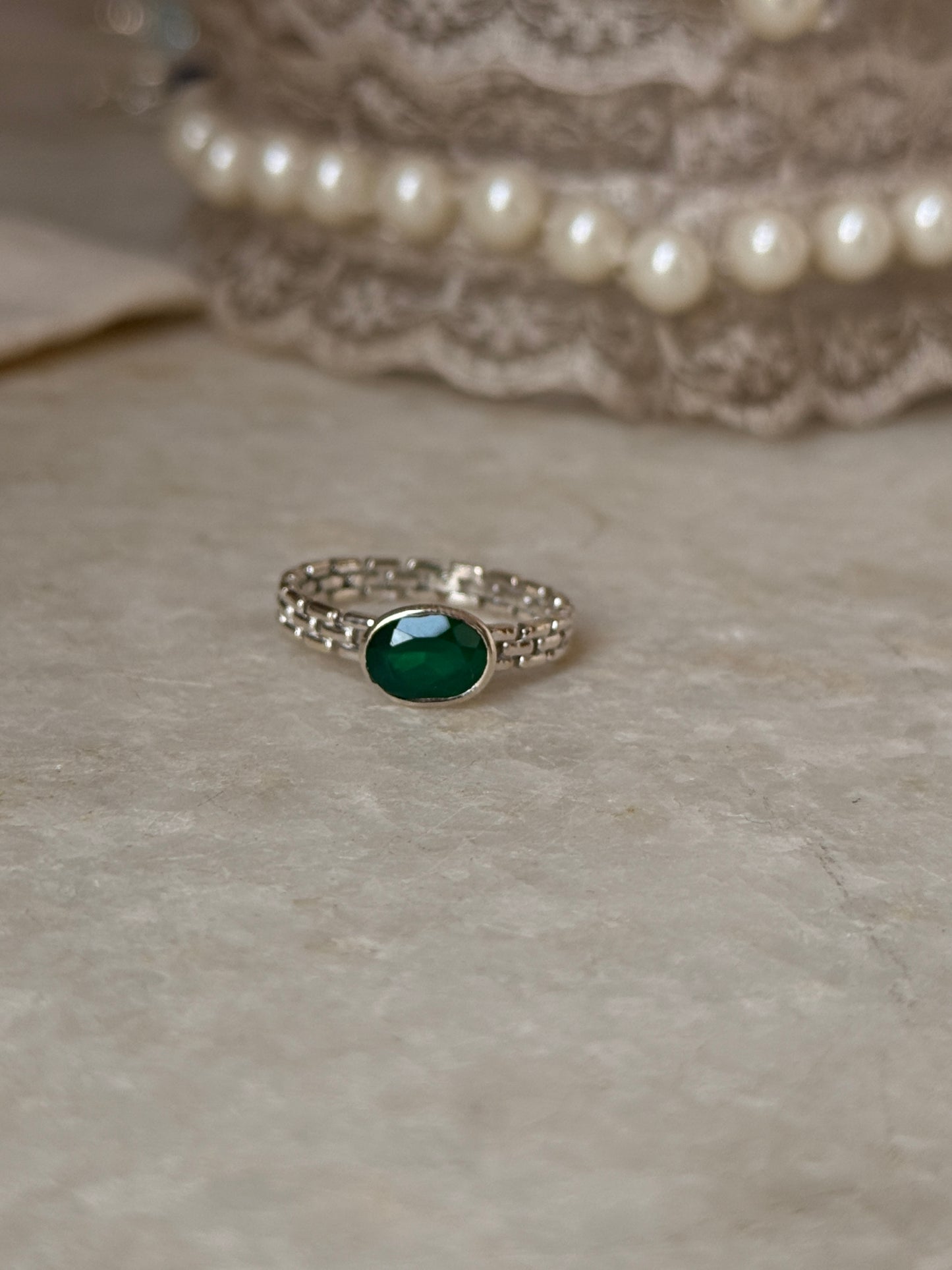 Handmade 925 sterling silver green onyx oval brick ring