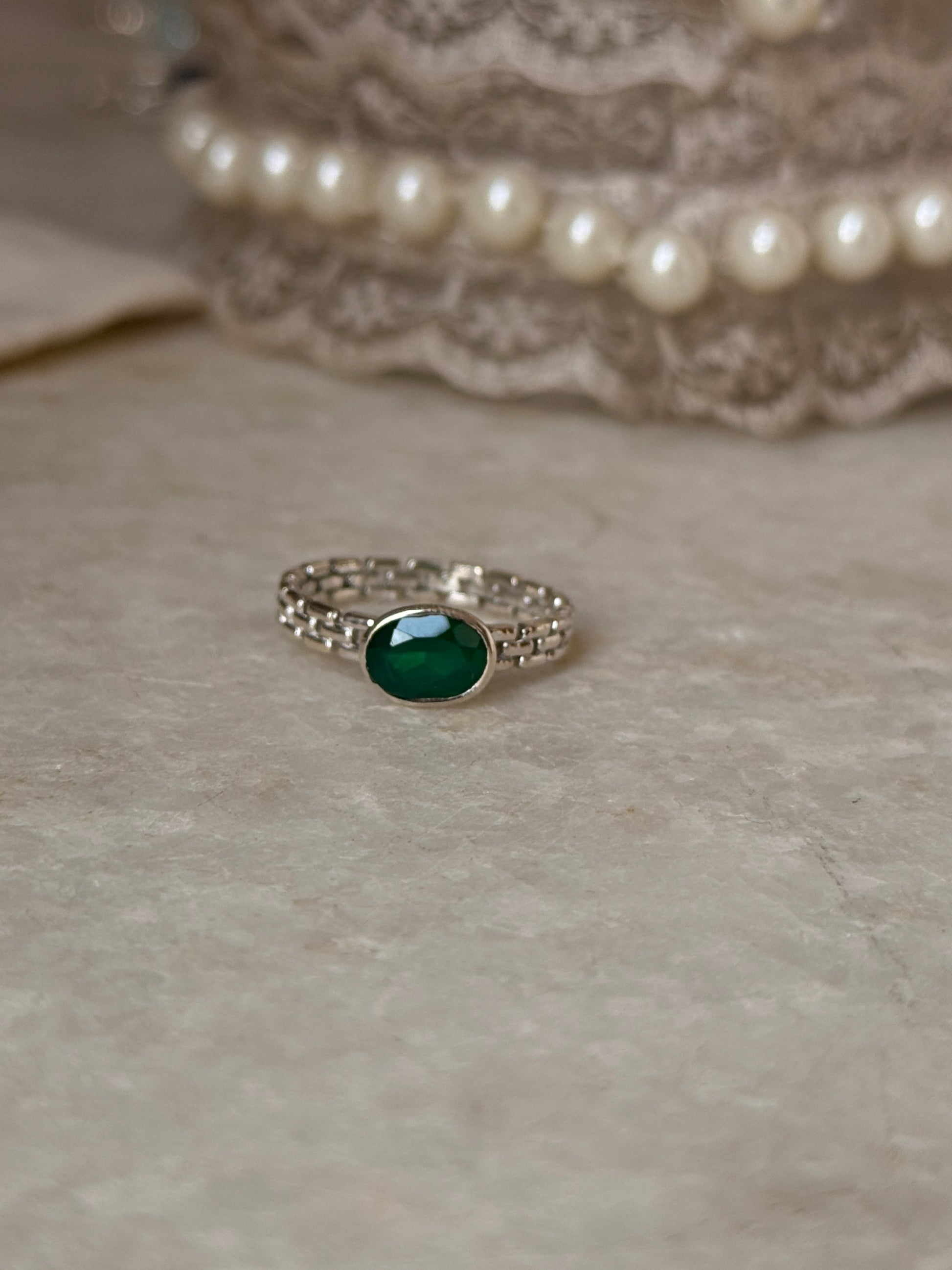 Handmade 925 sterling silver green onyx oval brick ring