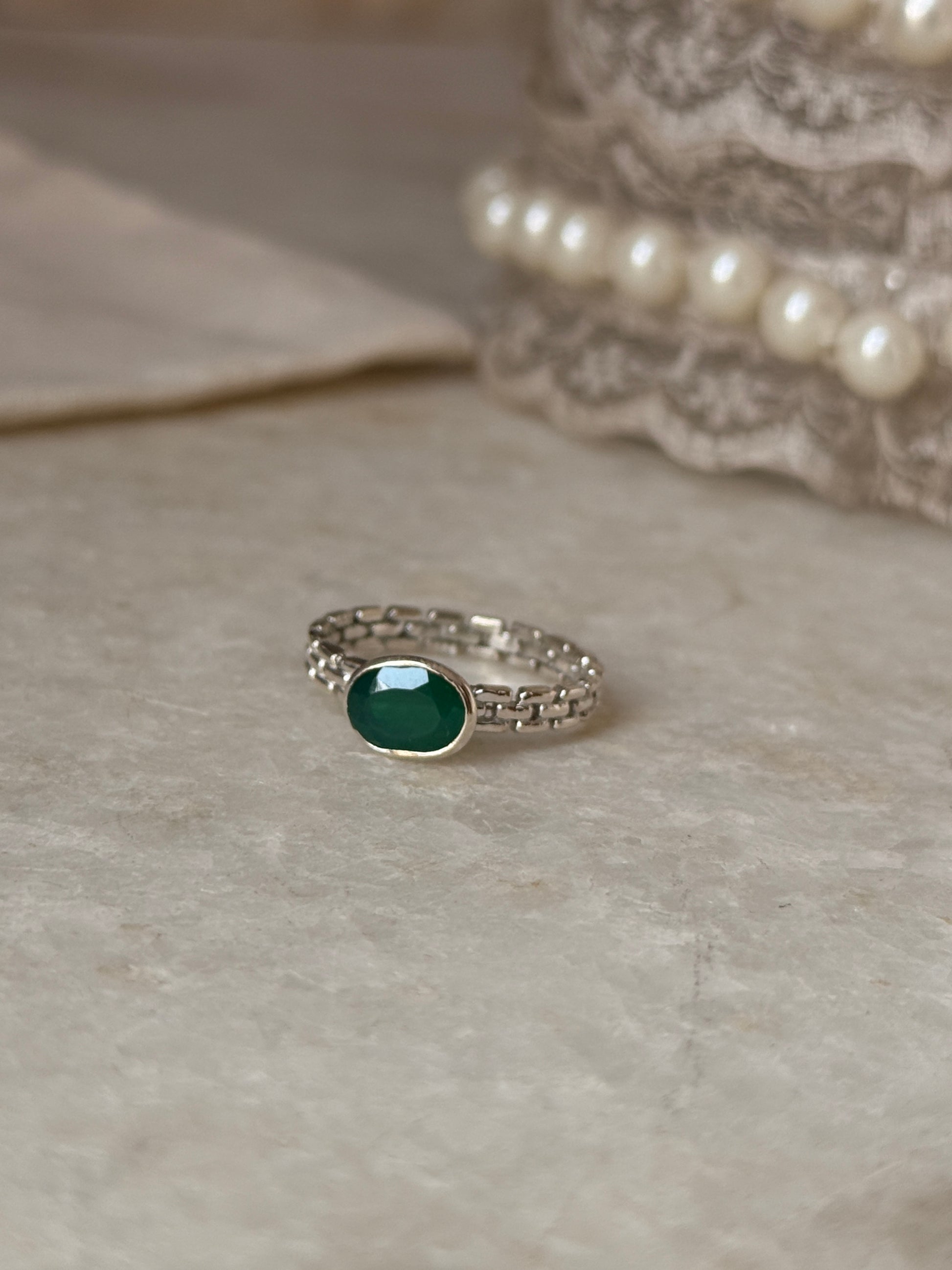 Statement 925 sterling silver green onyx oval brick band ring