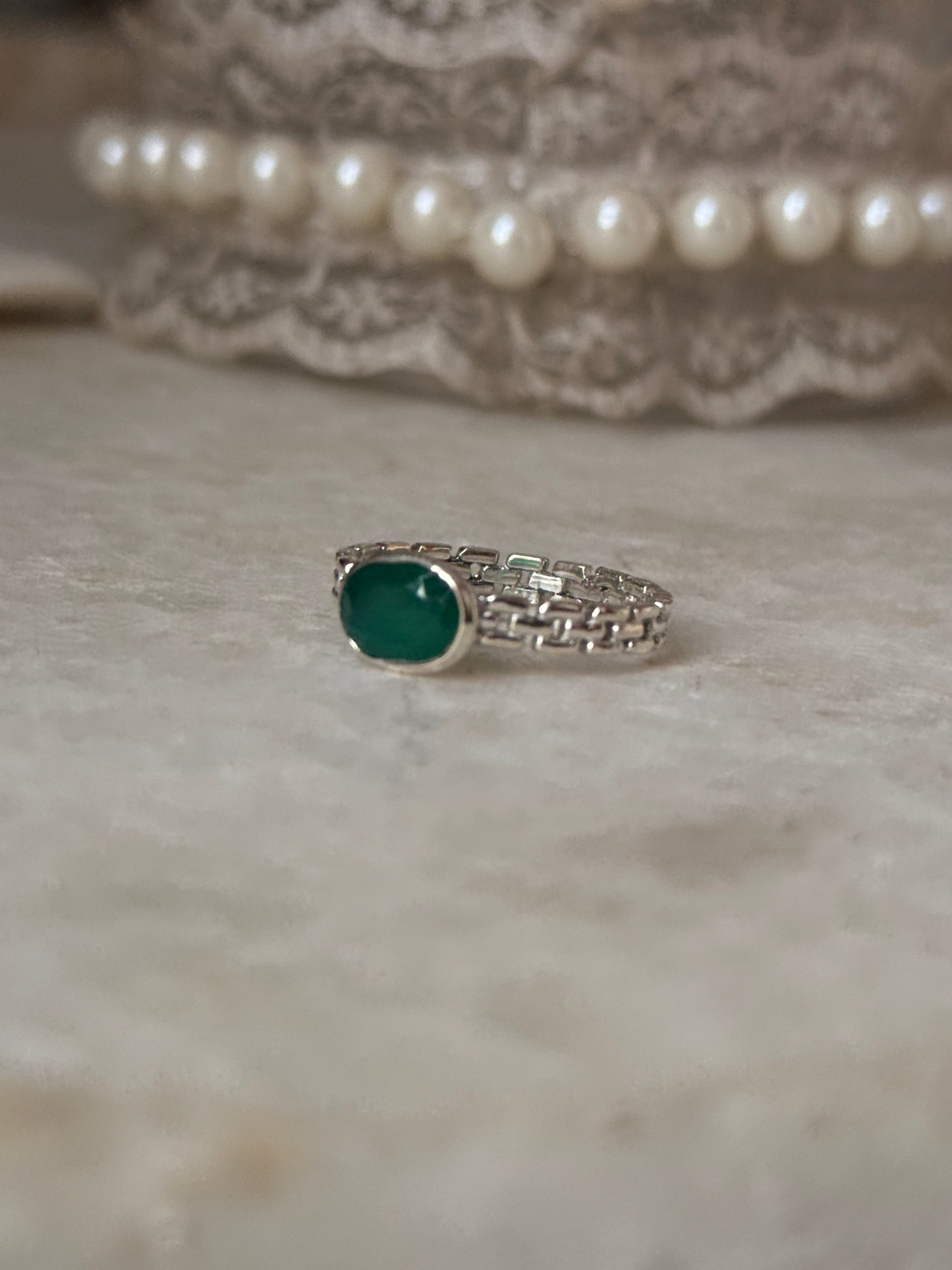 925 sterling silver green onyx oval brick band ring  