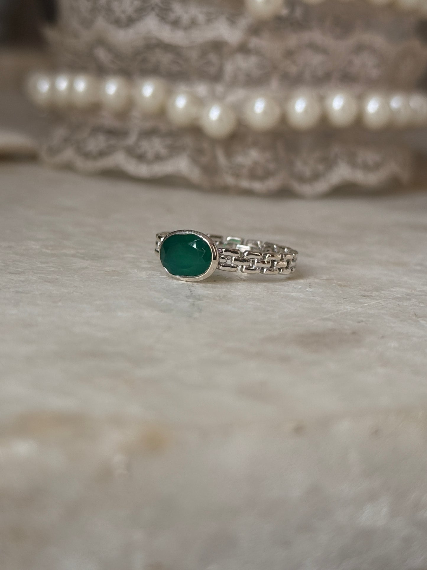 Artisan crafted green onyx oval brick band 925 sterling silver ring  