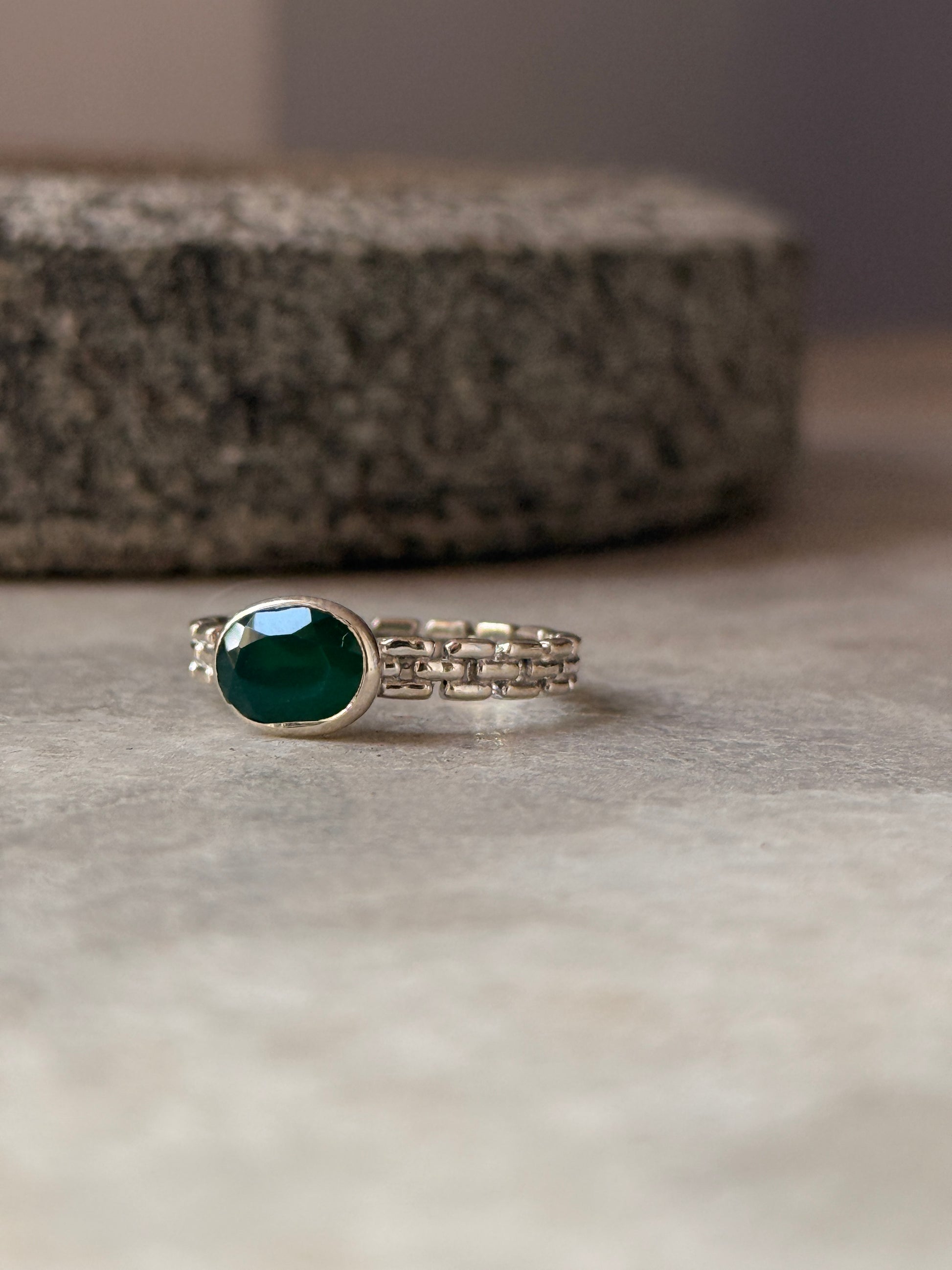 925 sterling silver green onyx oval brick band ring  