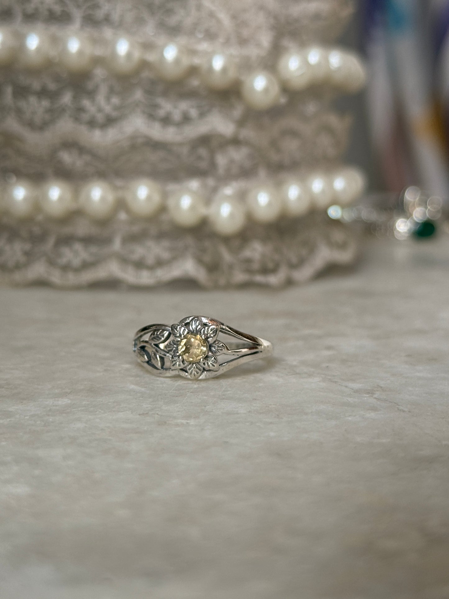 vintage forest leaf citrine 925 sterling silver ring