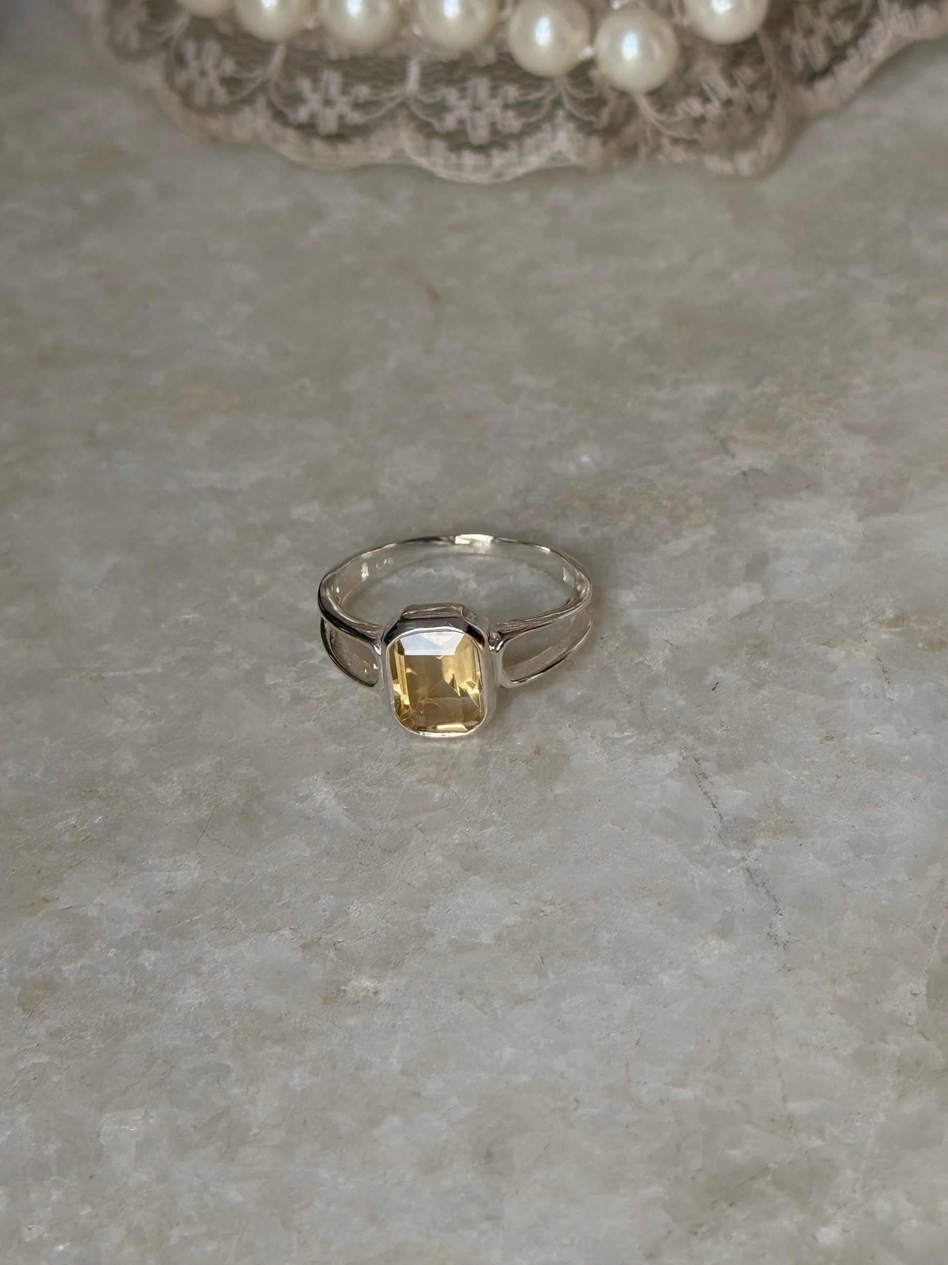 Natural citrine rectangular gemstone 925 sterling silver ring  