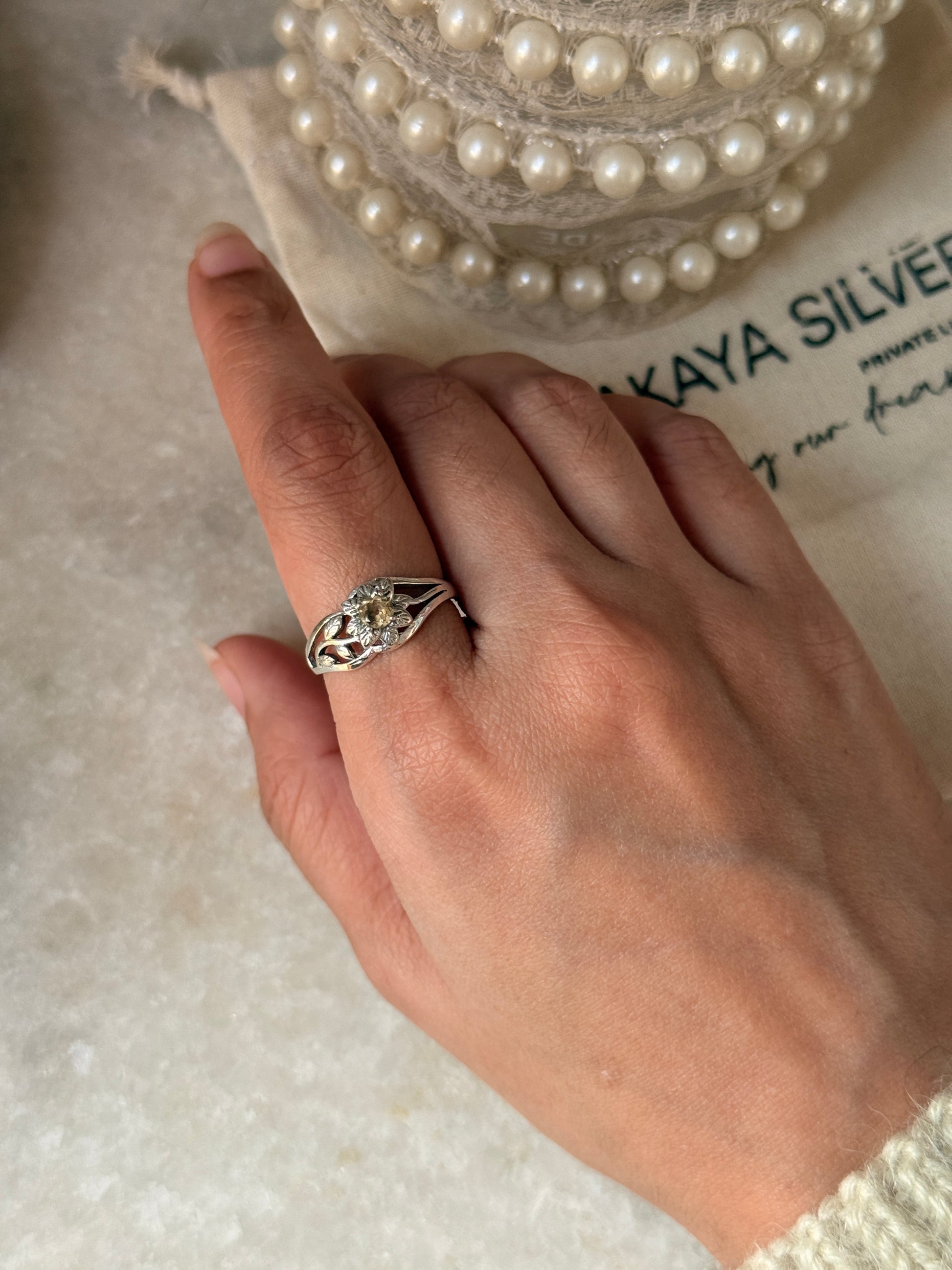 natural citrine gemstone 925 sterling silver leaf ring  
