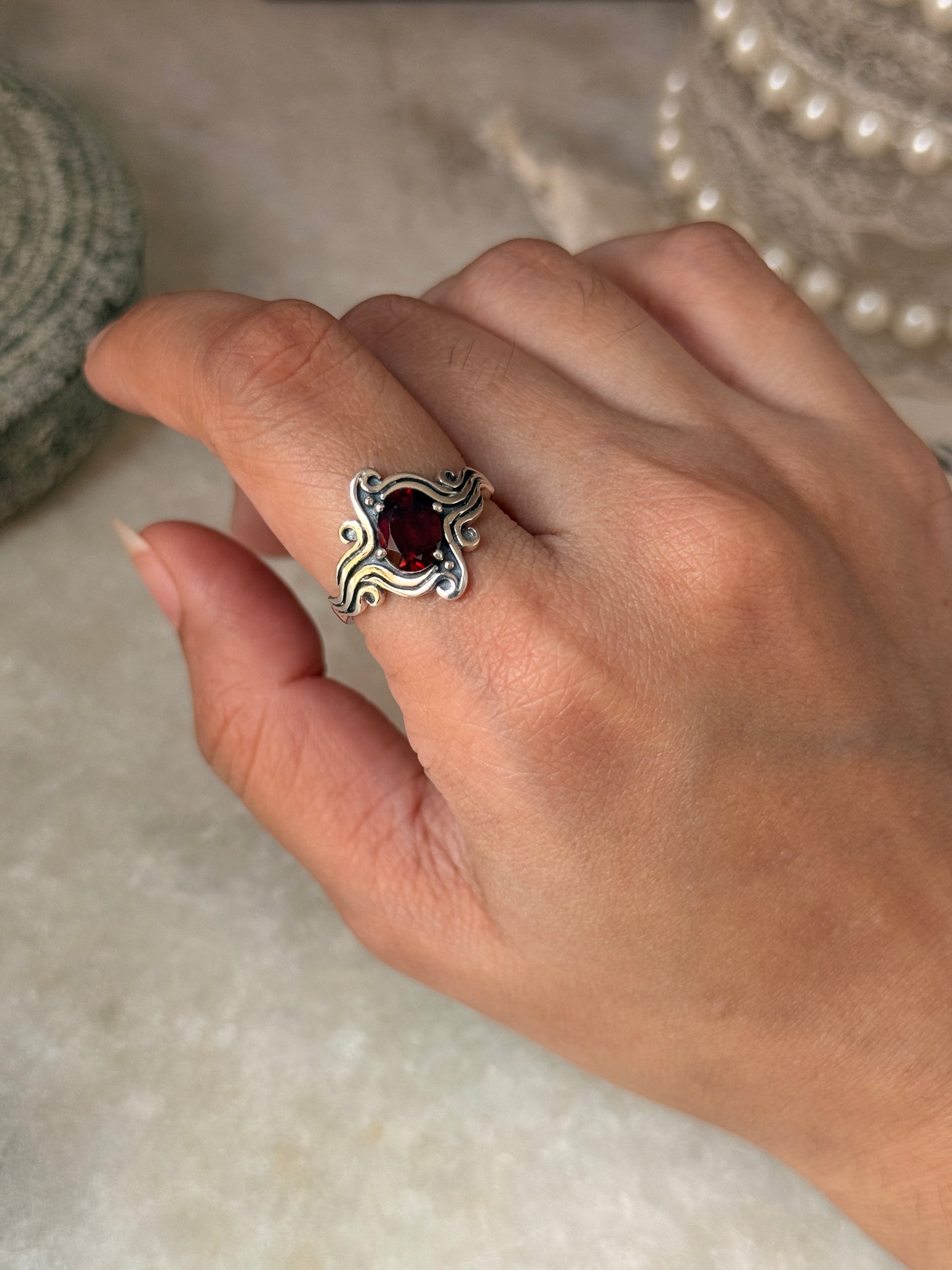 adjustable 925 sterling silver garnet wavy band ring