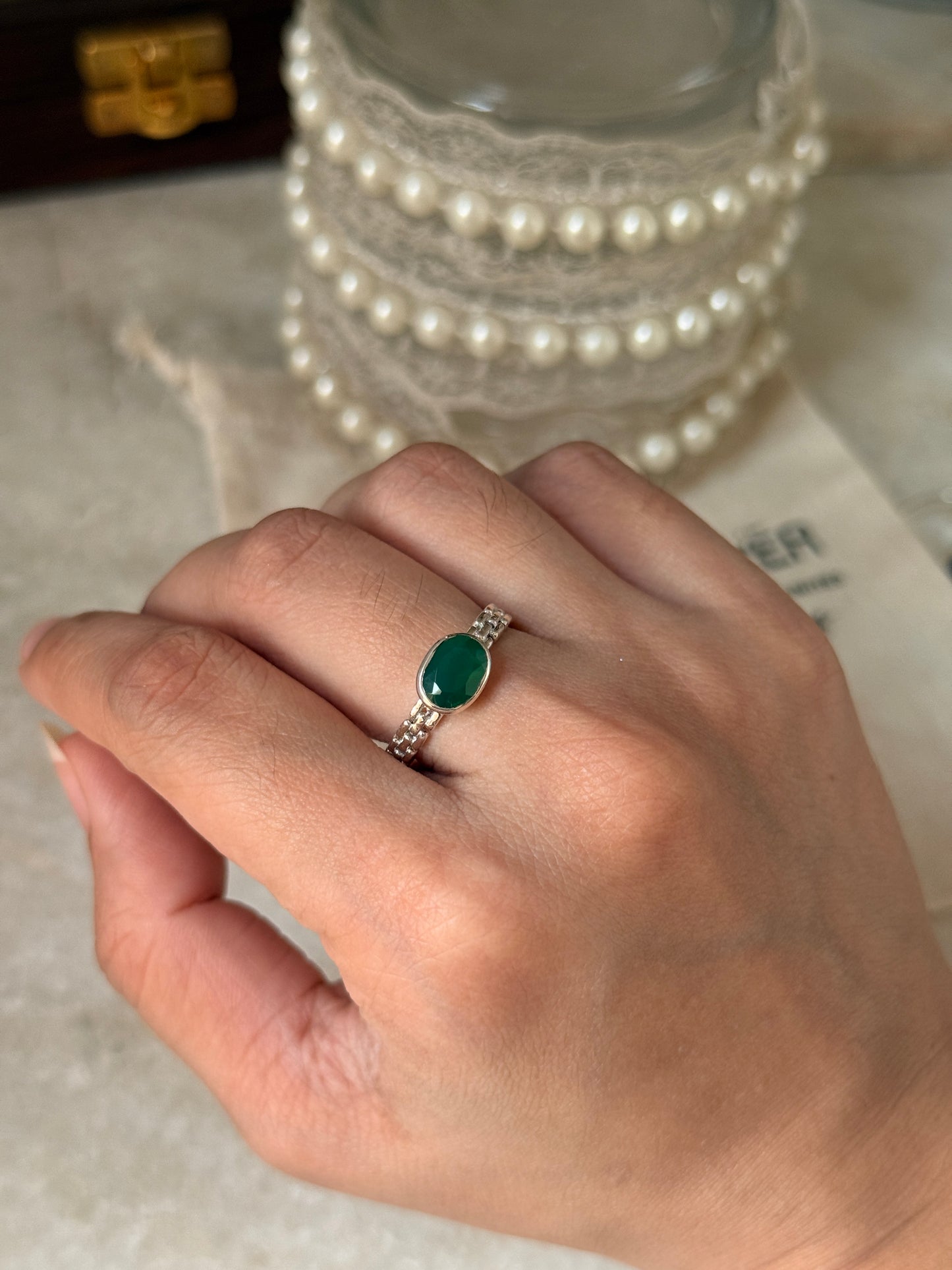 Vintage style 925 sterling silver green onyx oval brick ring  