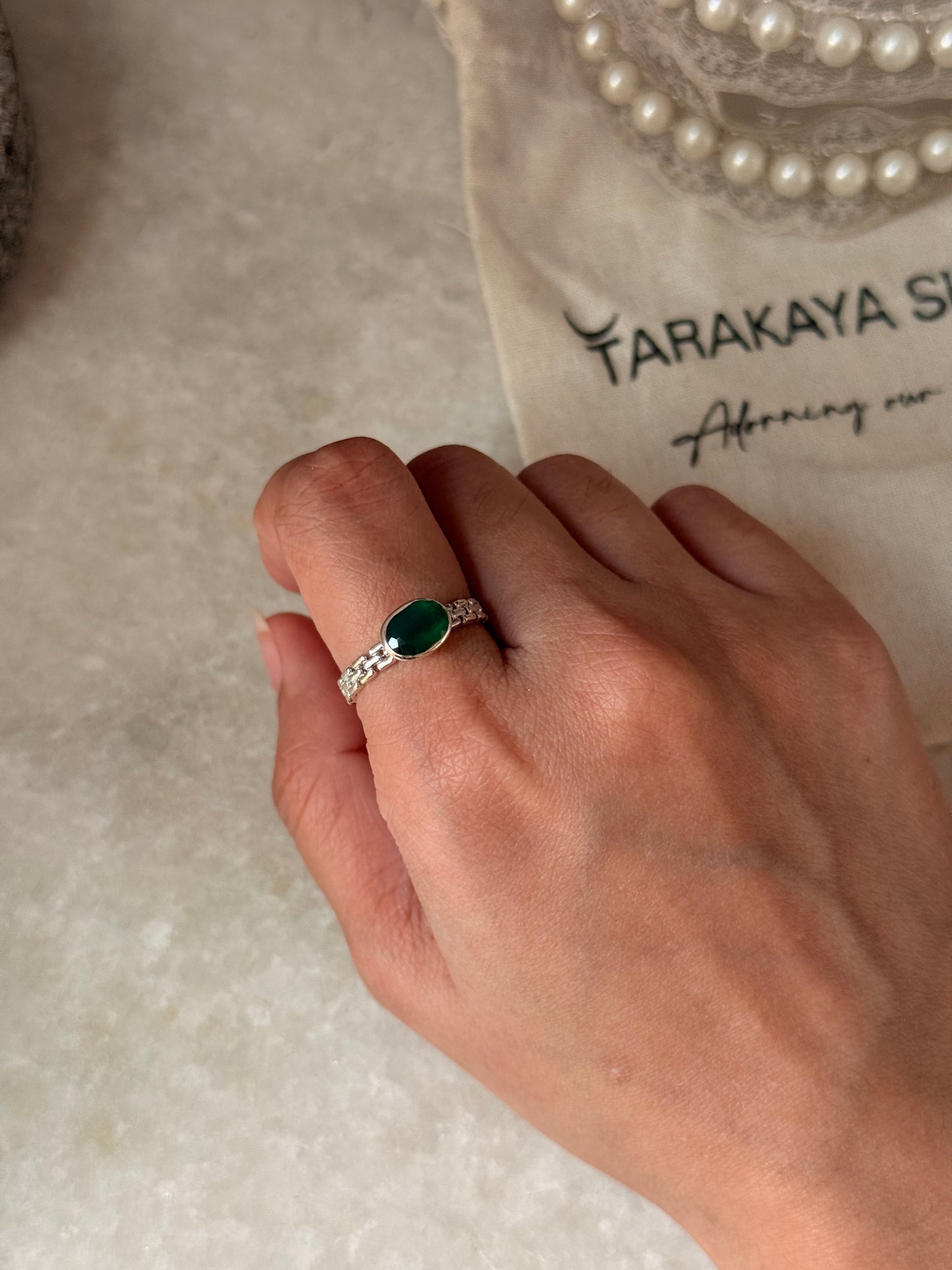 Minimalist green onyx oval brick band 925 sterling silver ring  