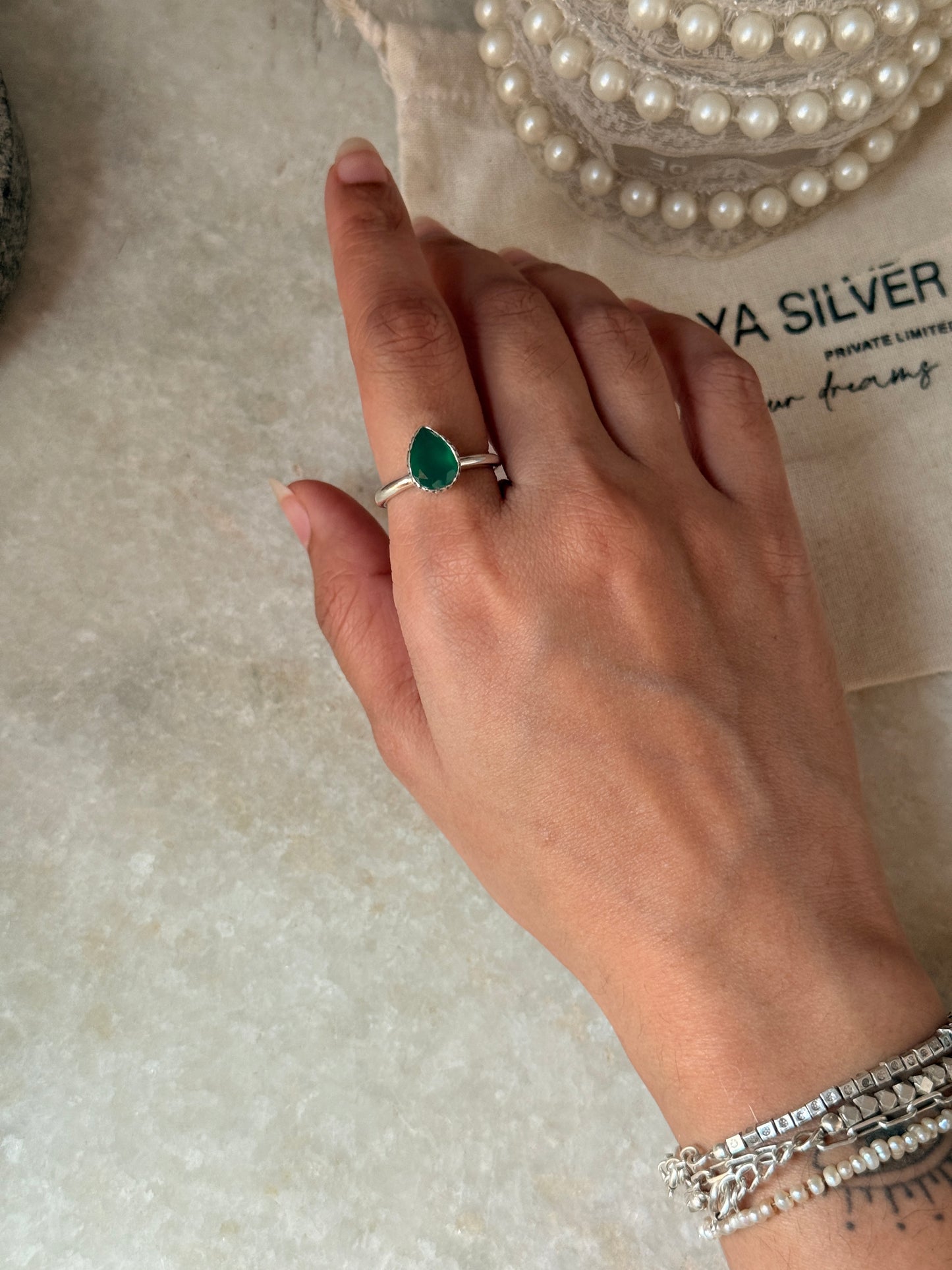 Artisan crafted green onyx pear 925 sterling silver ring