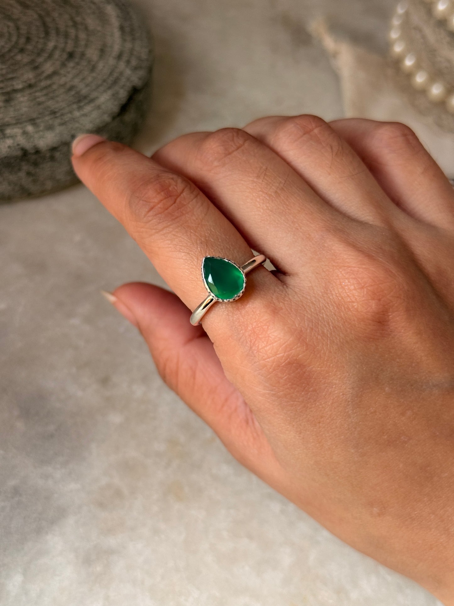 Green onyx pear cut ring in 925 sterling silver