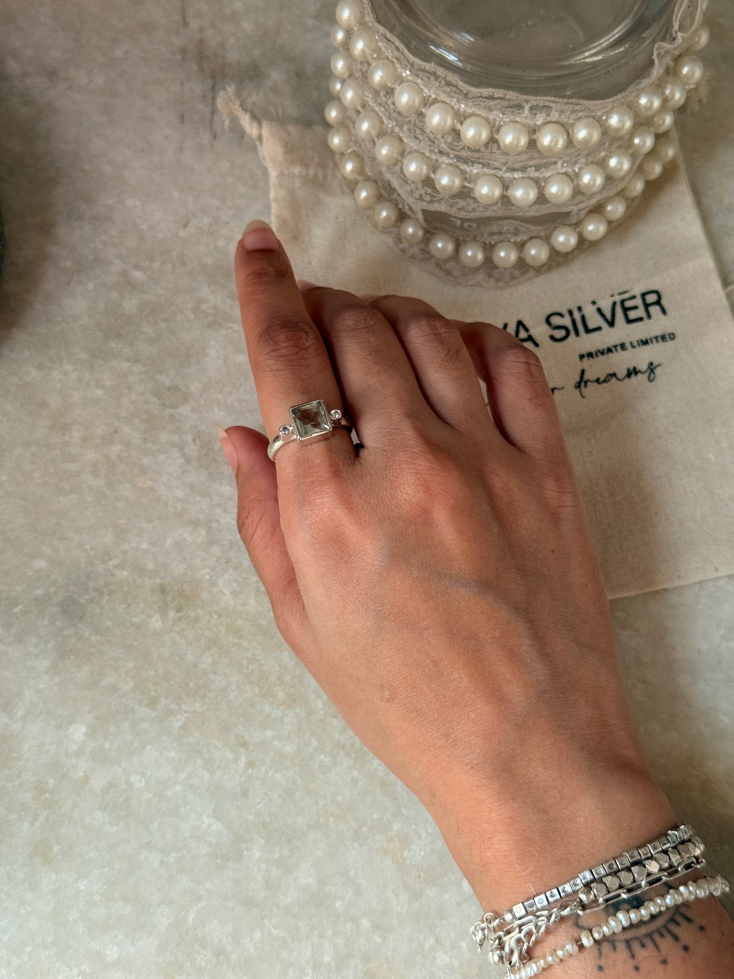 vintage-inspired green amethyst square CZ 925 sterling silver ring  