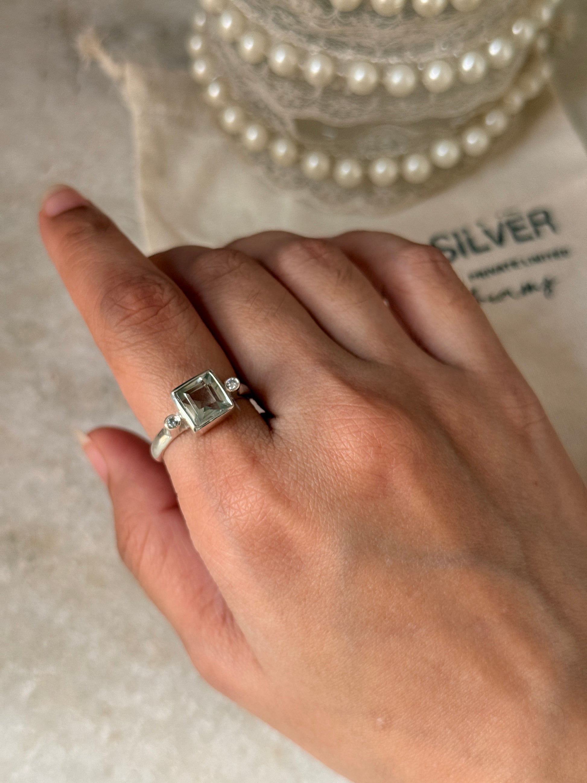 adjustable 925 sterling silver green amethyst square CZ ring