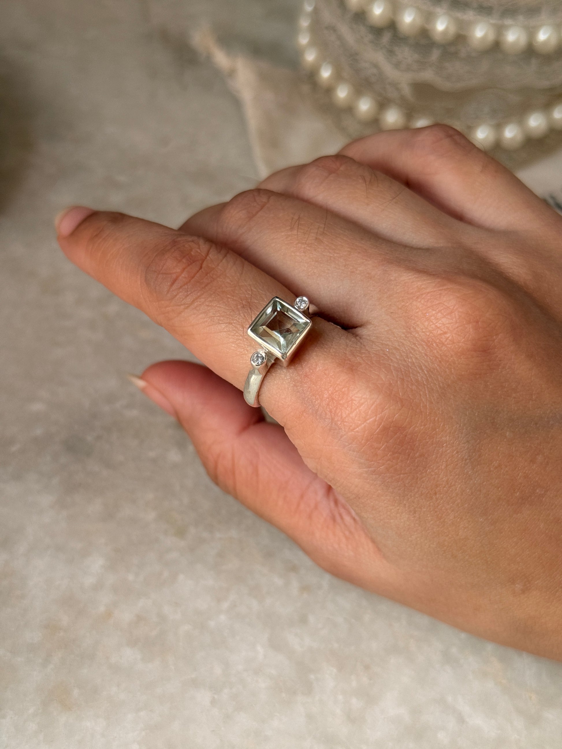 boho style 925 sterling silver green amethyst square CZ ring