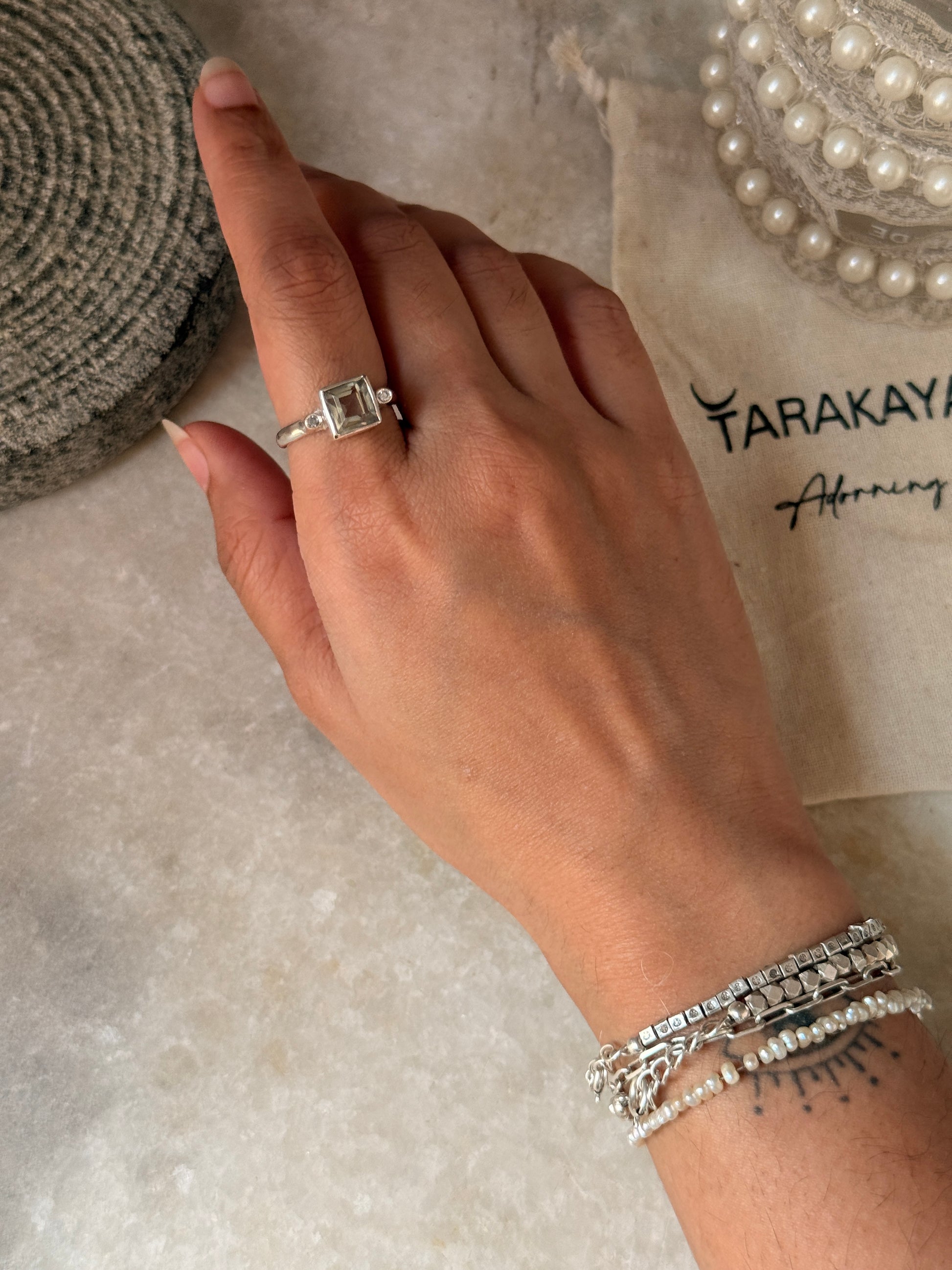 natural green amethyst square CZ gemstone 925 sterling silver ring