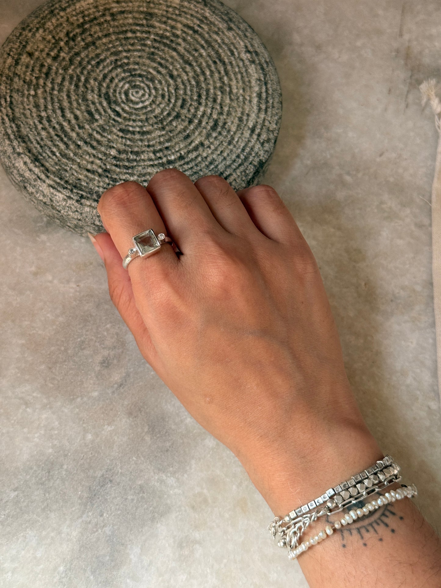 natural green amethyst square CZ gemstone 925 sterling silver ring