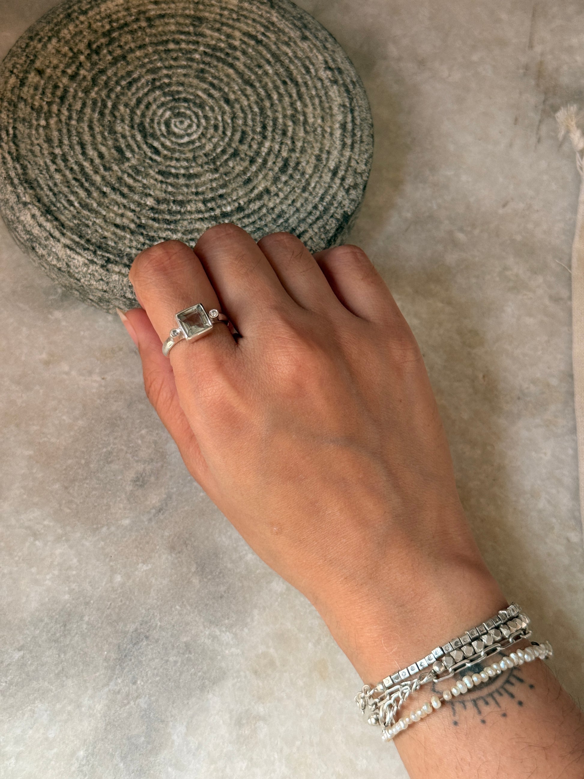 natural green amethyst square CZ gemstone 925 sterling silver ring