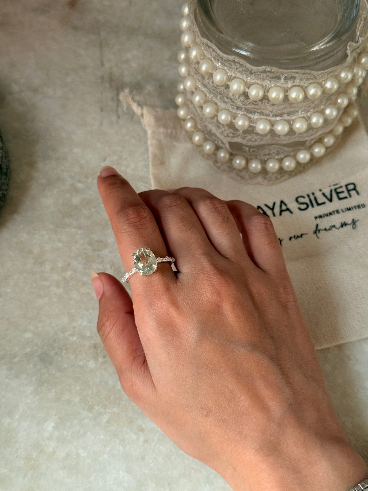  unique 925 sterling silver green amethyst oval CZ solitaire ring